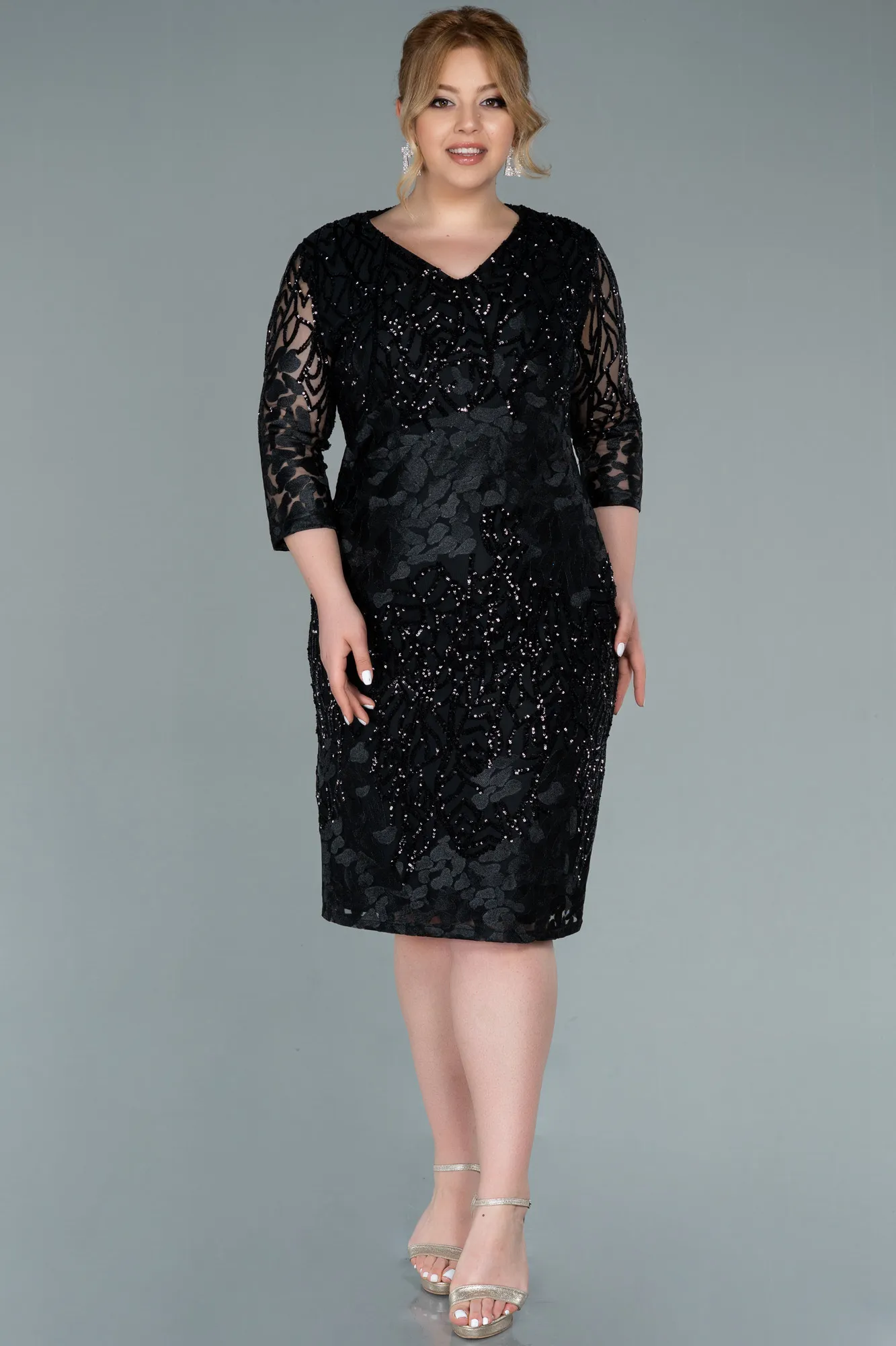Black-Short Scaly Plus Size Evening Dress ABK1284
