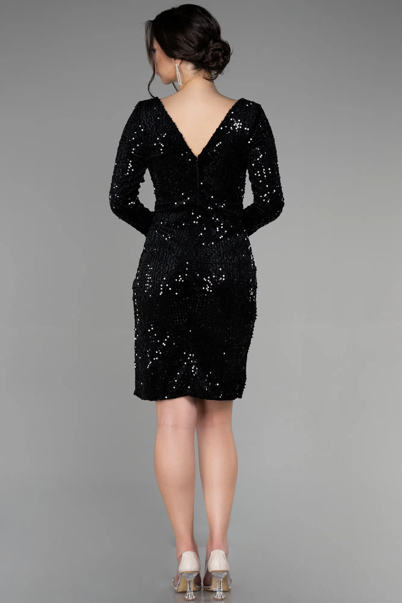 Black-Short Sequined Velvet Invitation Dress ABK1158