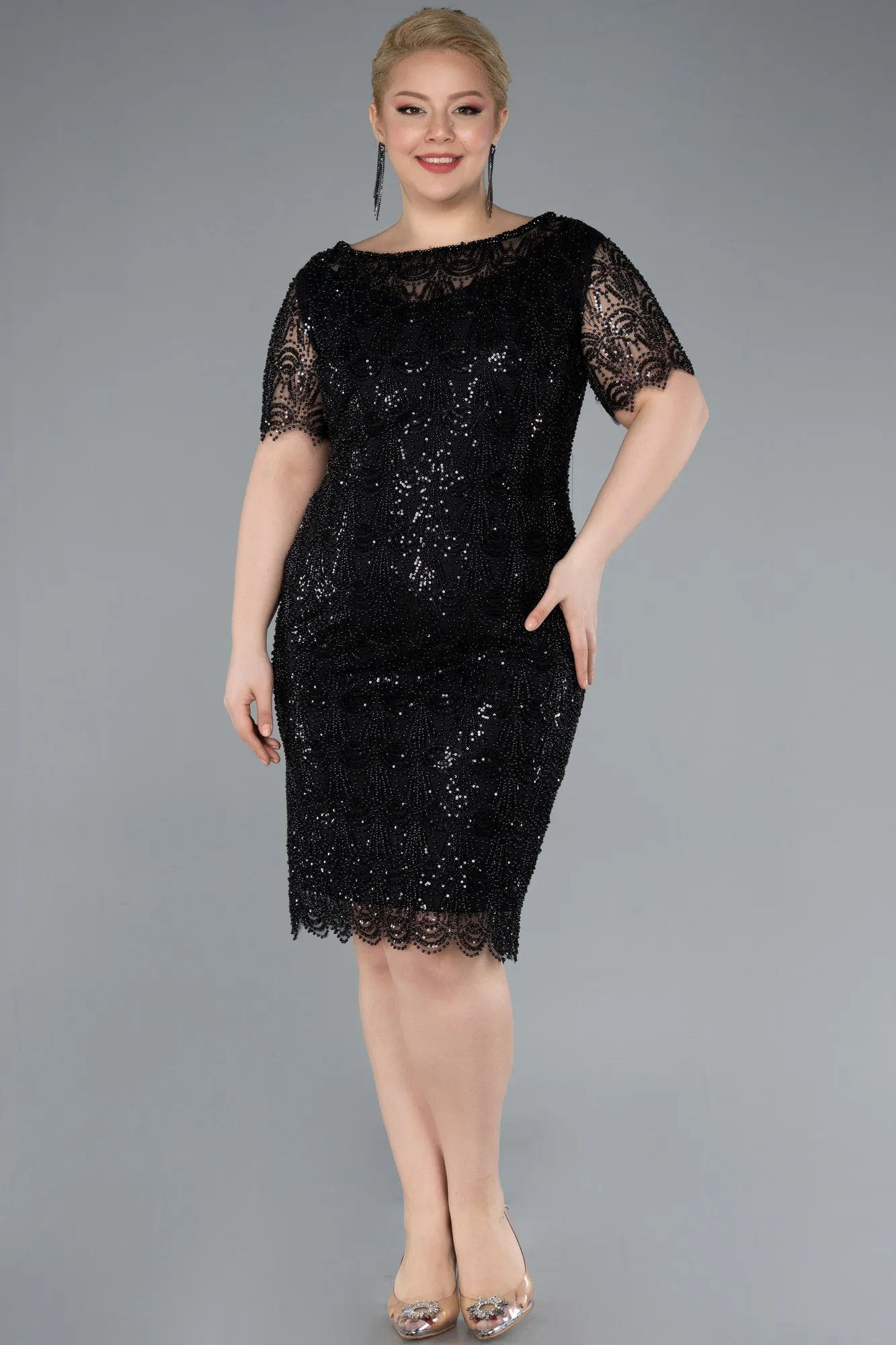 Black-Short Sleeve Beaded Midi Evening Gown ABK2330