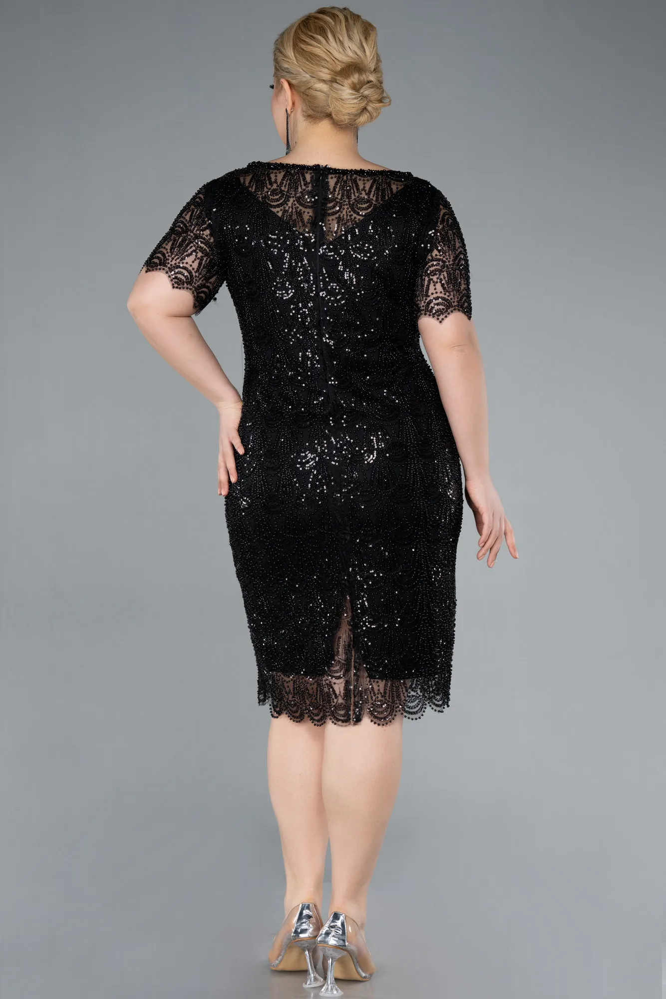 Black-Short Sleeve Beaded Midi Evening Gown ABK2330