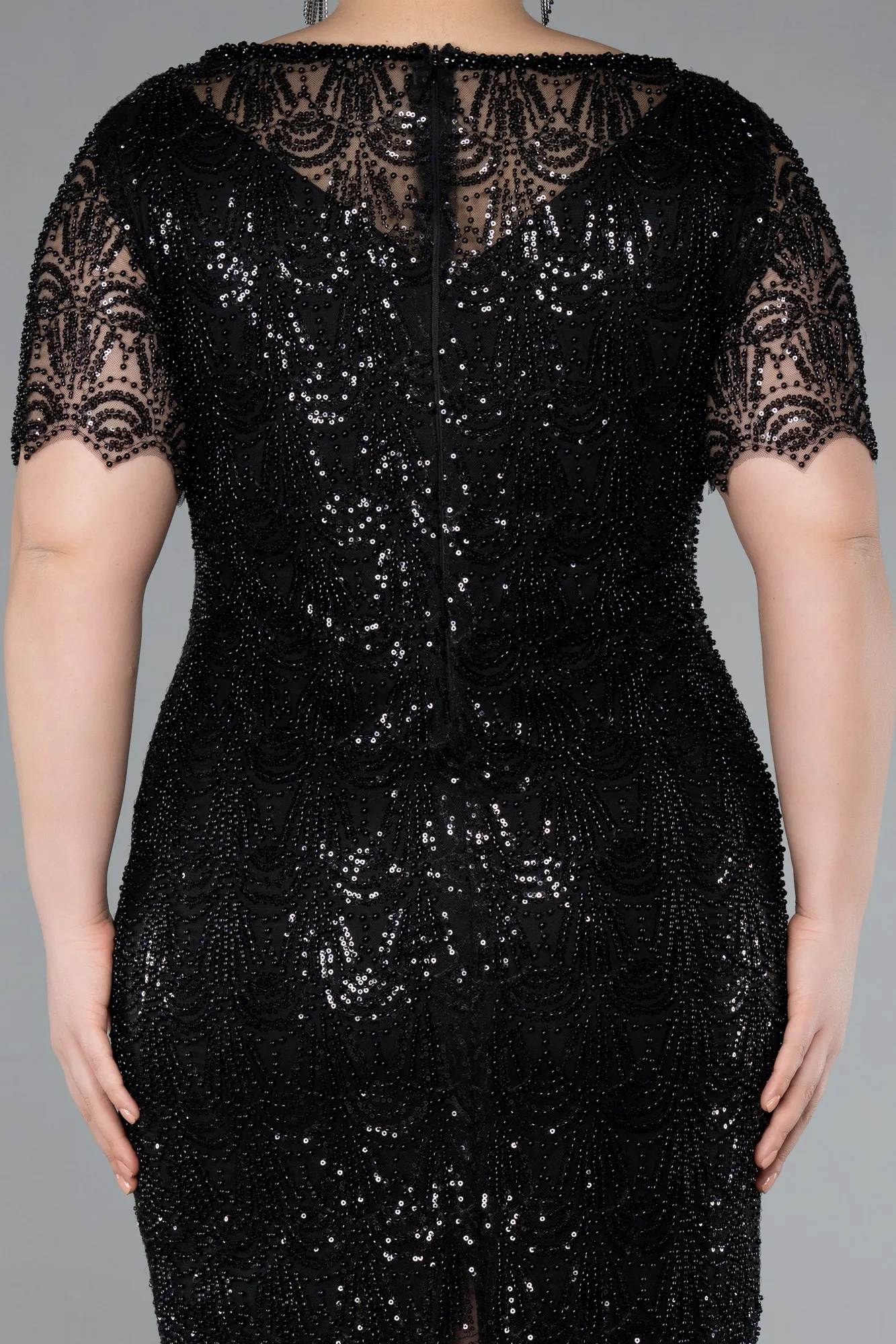 Black-Short Sleeve Beaded Midi Evening Gown ABK2330