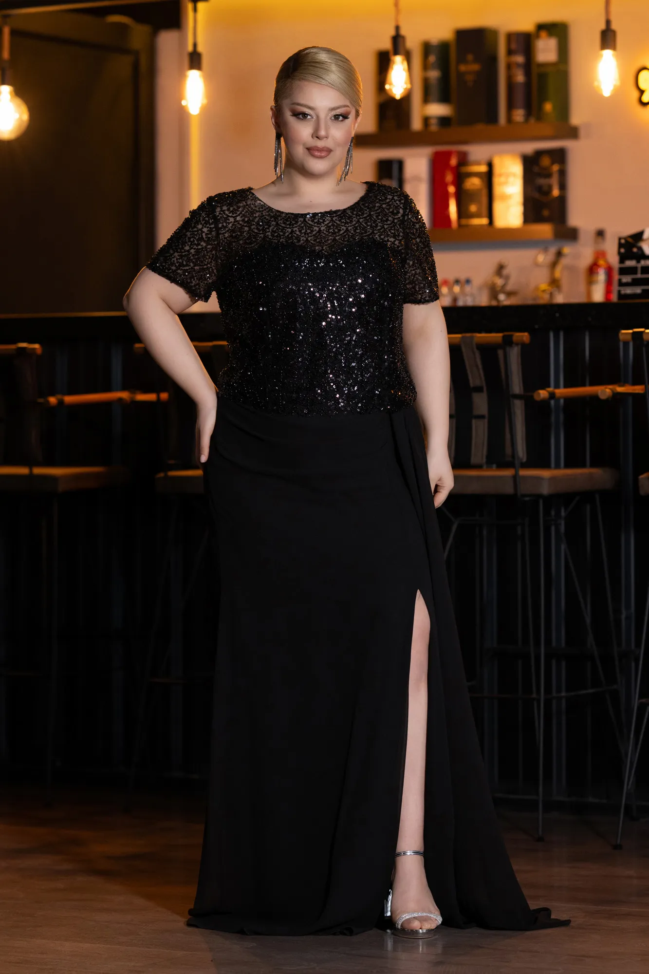 Black-Short Sleeve Beaded Slit Long Plus Size Chiffon Evening Gown ABU4806