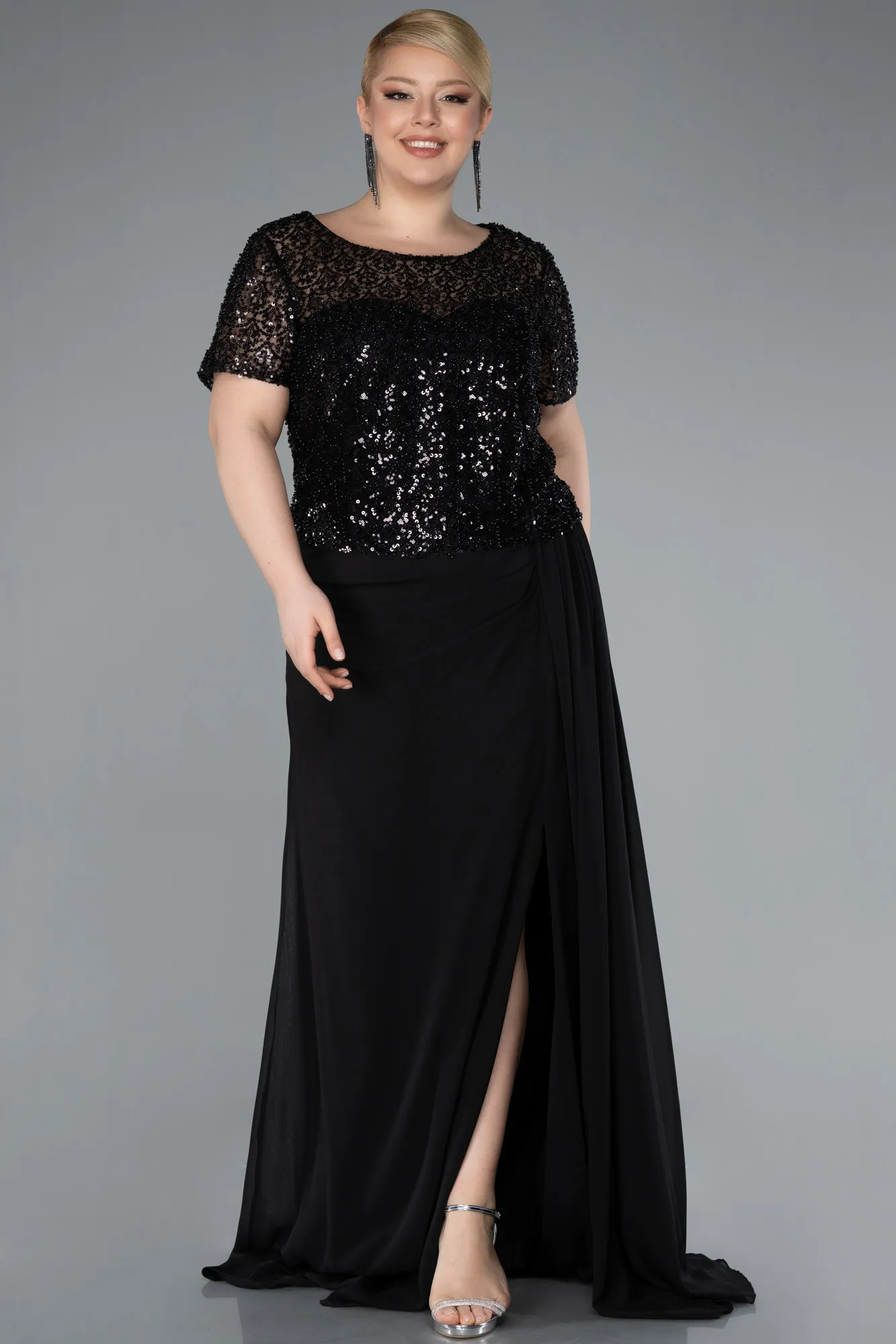 Black-Short Sleeve Beaded Slit Long Plus Size Chiffon Evening Gown ABU4806