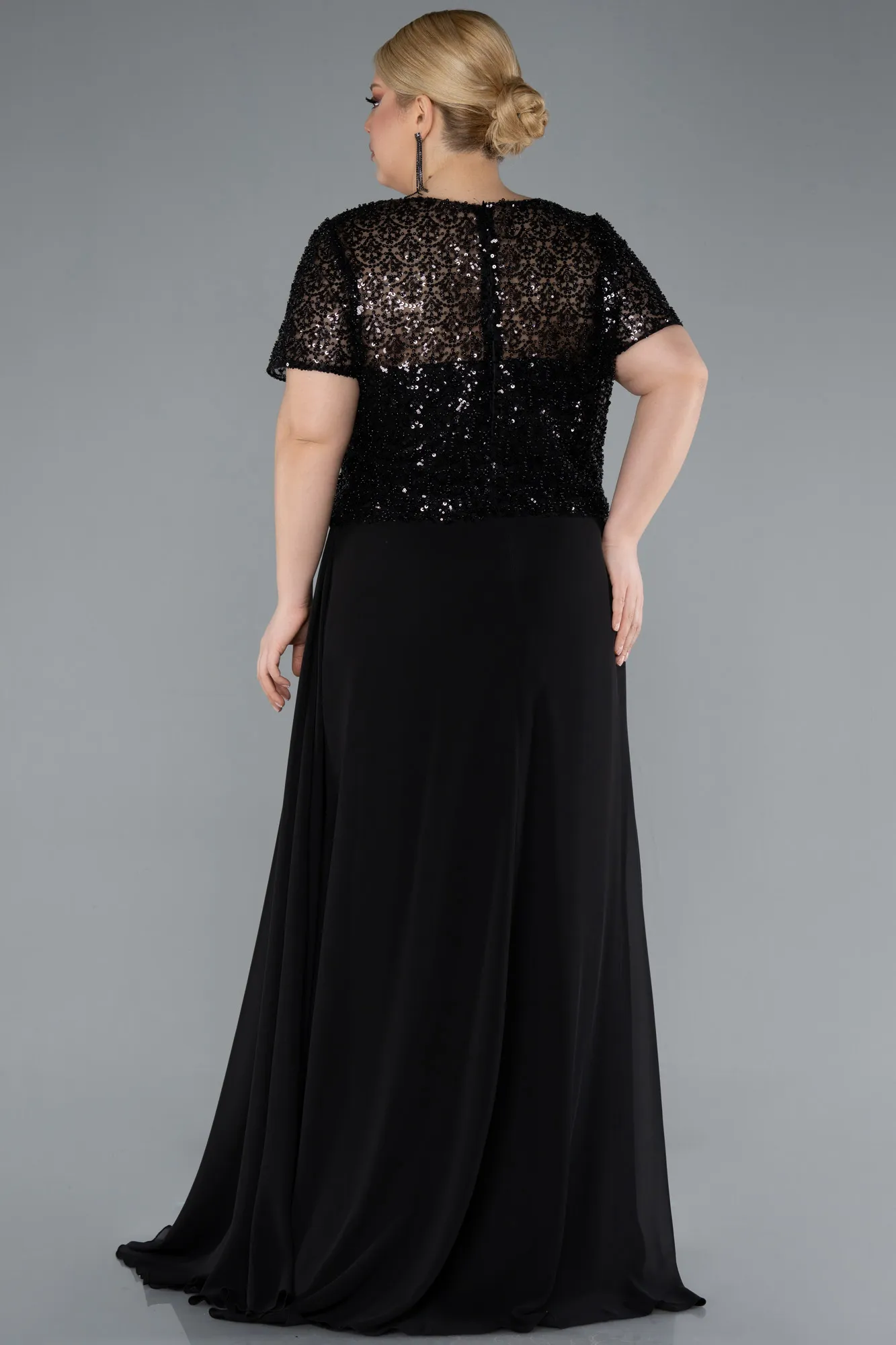 Black-Short Sleeve Beaded Slit Long Plus Size Chiffon Evening Gown ABU4806