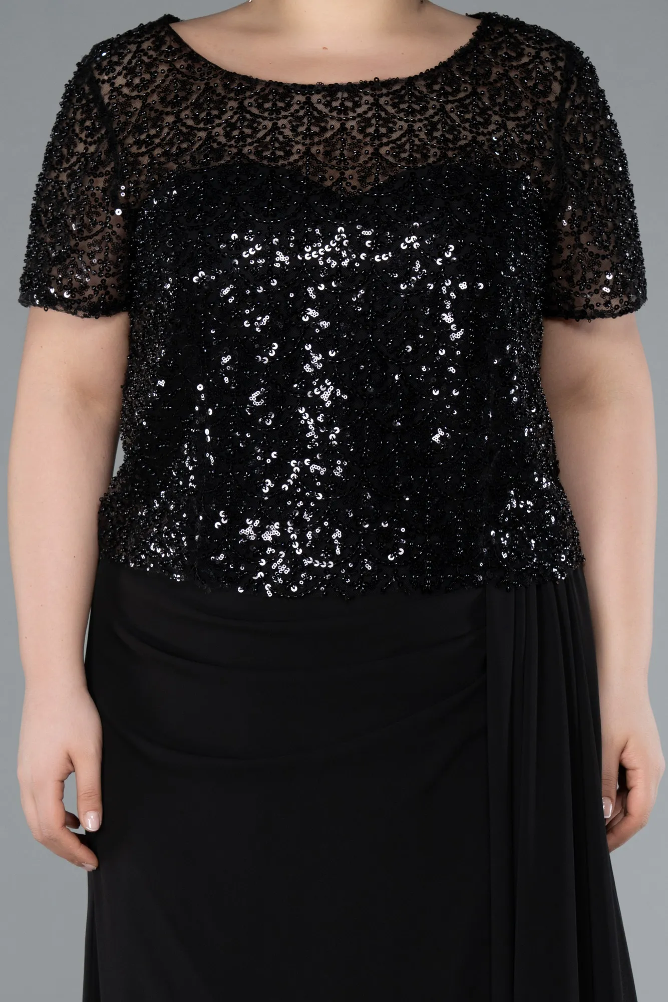 Black-Short Sleeve Beaded Slit Long Plus Size Chiffon Evening Gown ABU4806