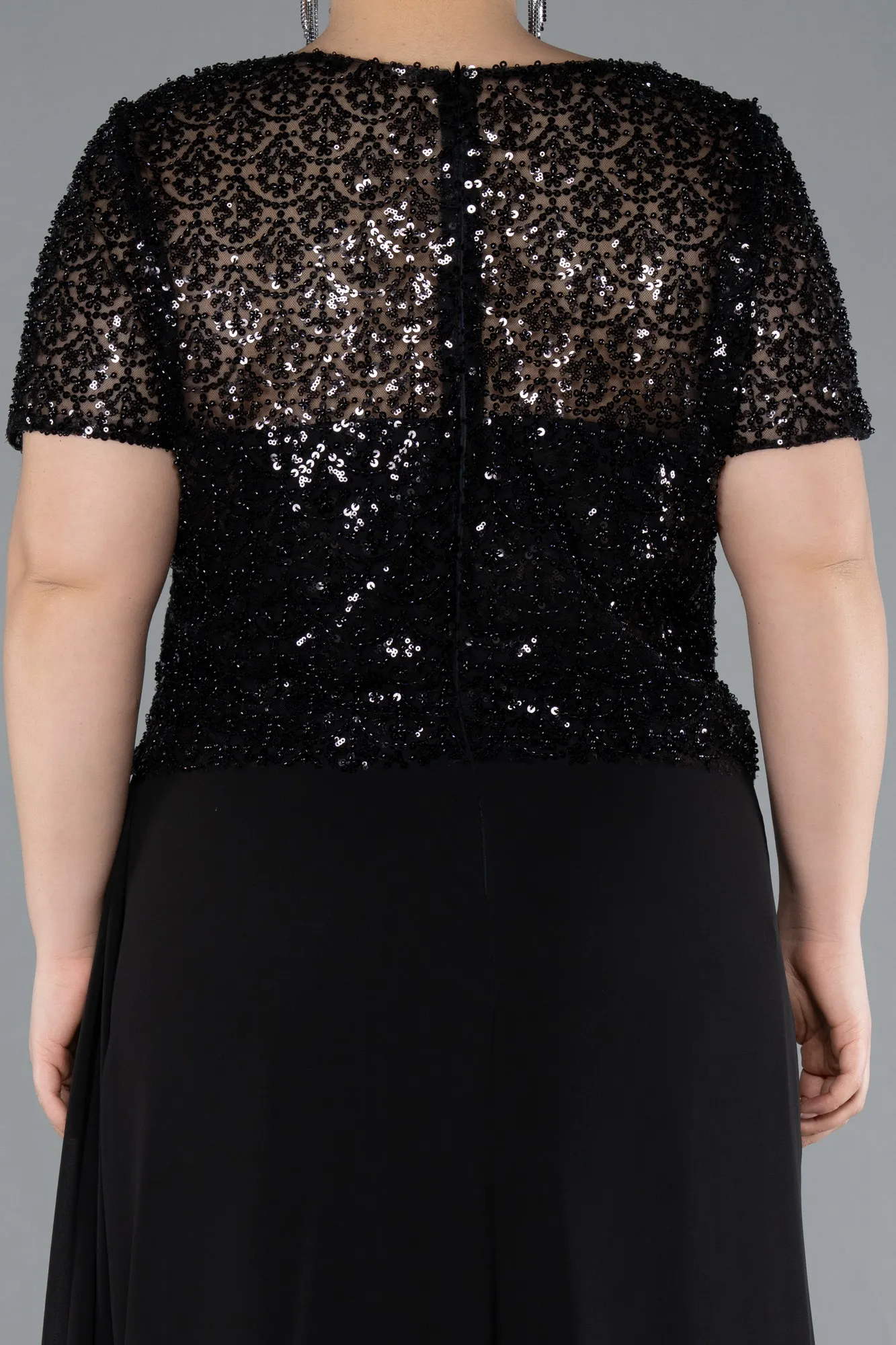 Black-Short Sleeve Beaded Slit Long Plus Size Chiffon Evening Gown ABU4806