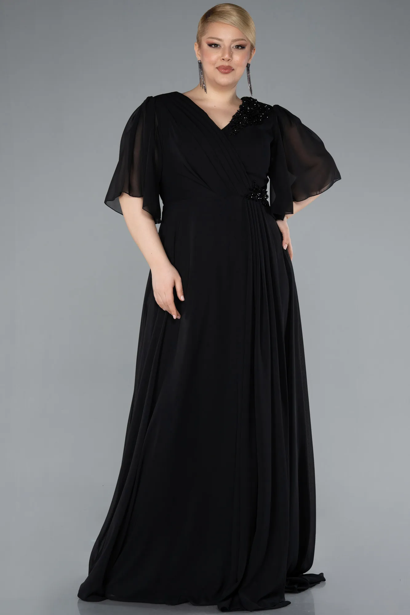 Black-Short Sleeve Chiffon Long Plus Size Evening Dress ABU4794