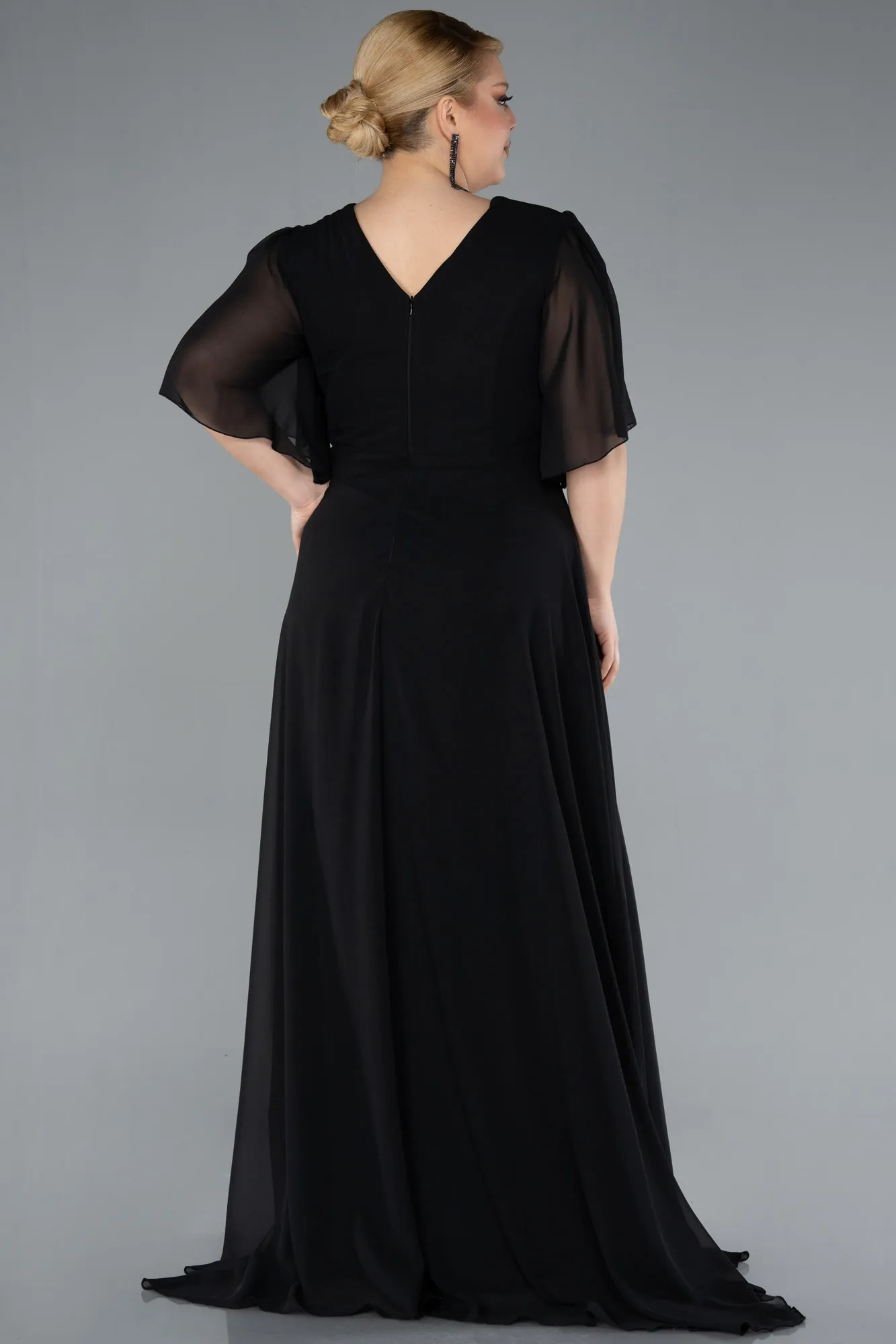 Black-Short Sleeve Chiffon Long Plus Size Evening Dress ABU4794