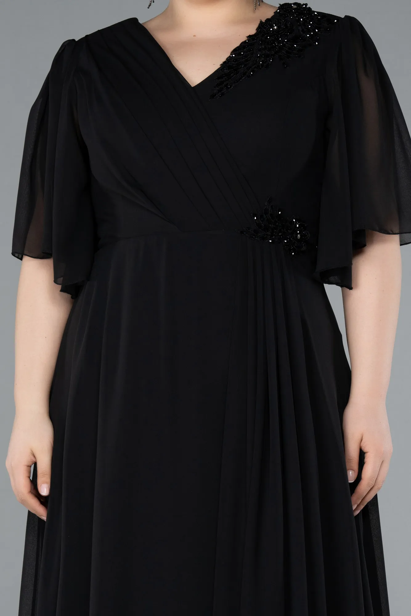 Black-Short Sleeve Chiffon Long Plus Size Evening Dress ABU4794