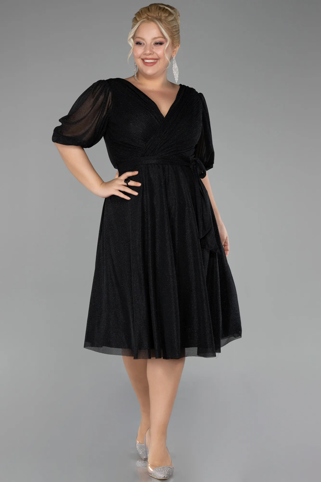 Black-Short Sleeve Glitter Midi Plus Size Invatation Dress ABK2135