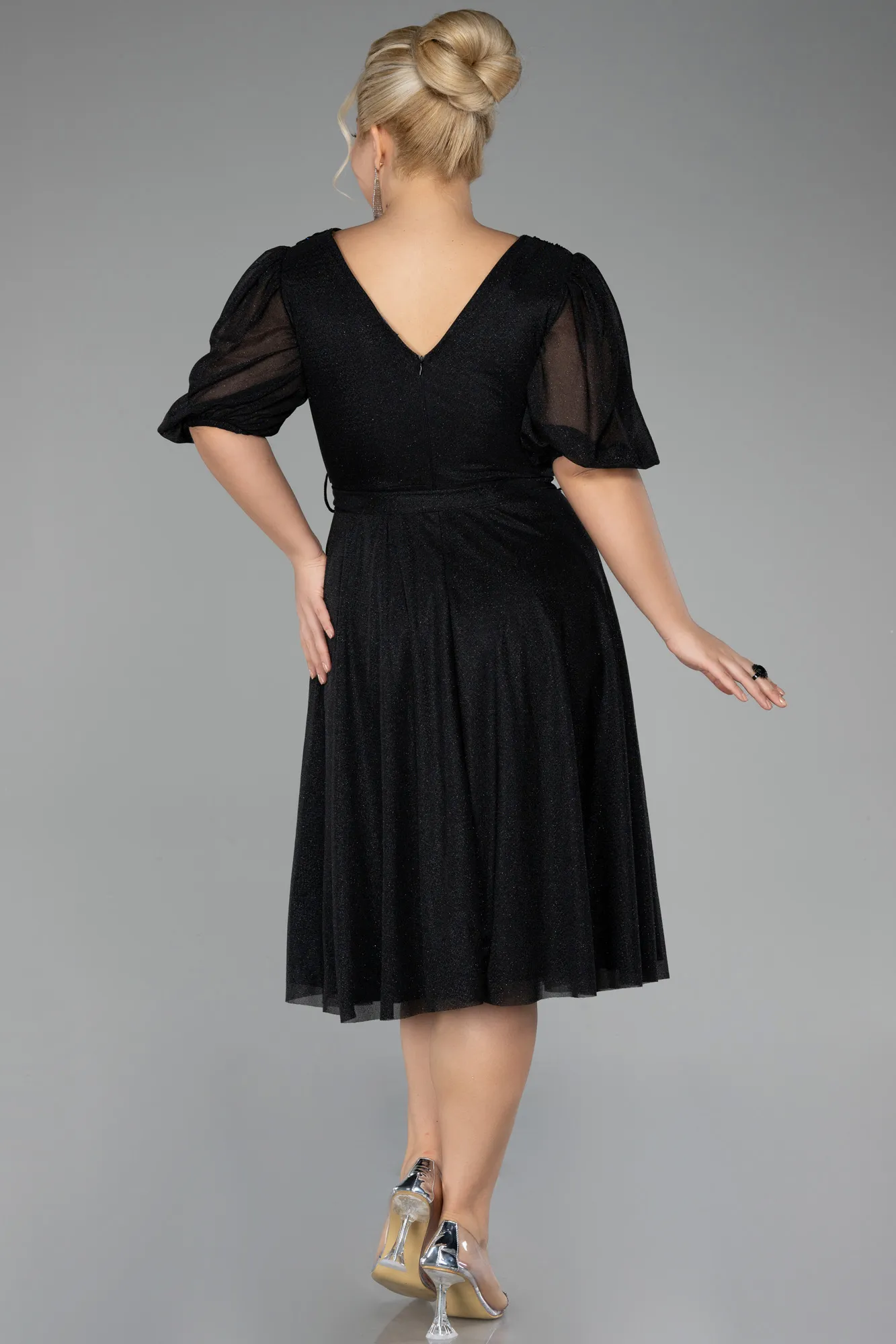 Black-Short Sleeve Glitter Midi Plus Size Invatation Dress ABK2135