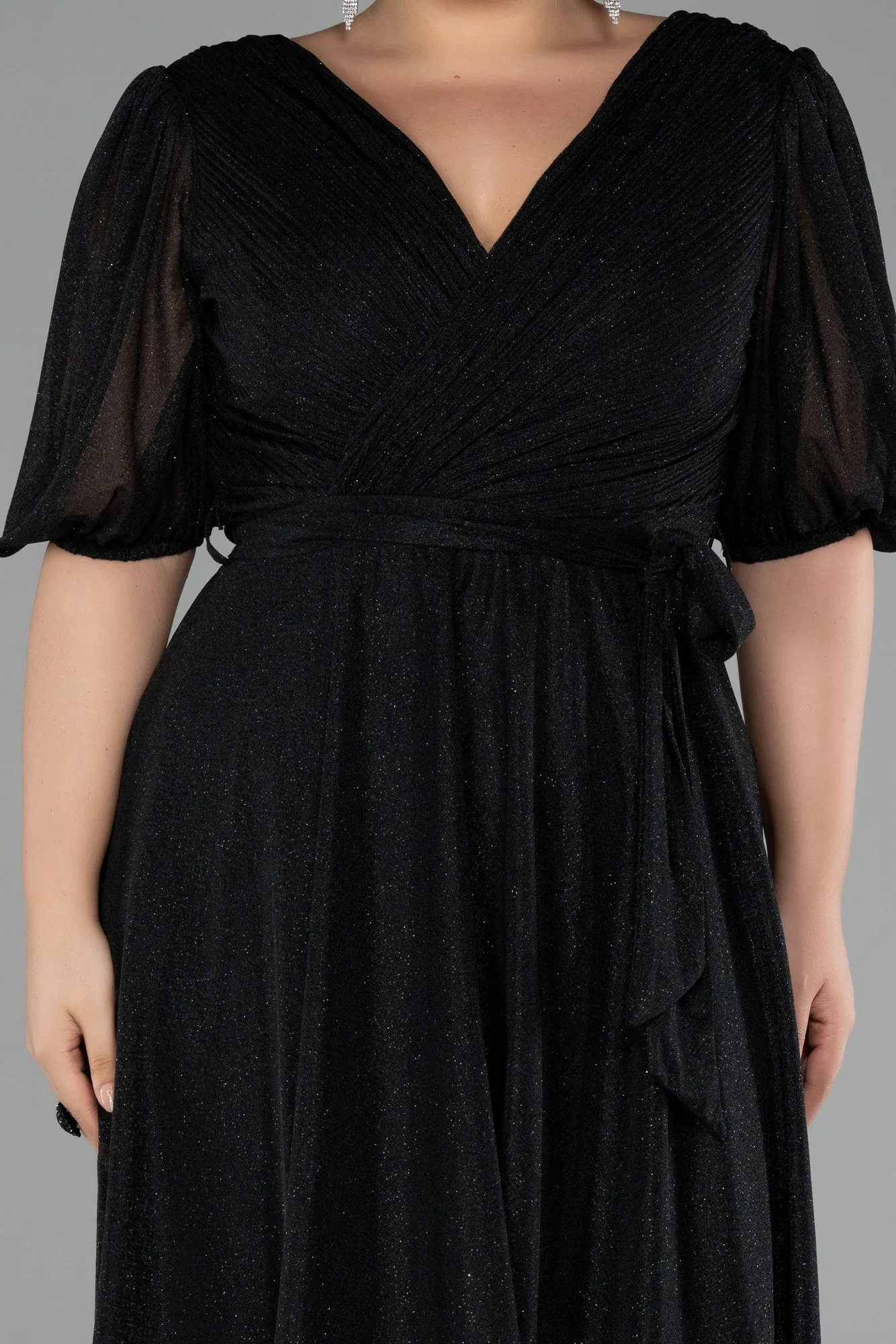 Black-Short Sleeve Glitter Midi Plus Size Invatation Dress ABK2135