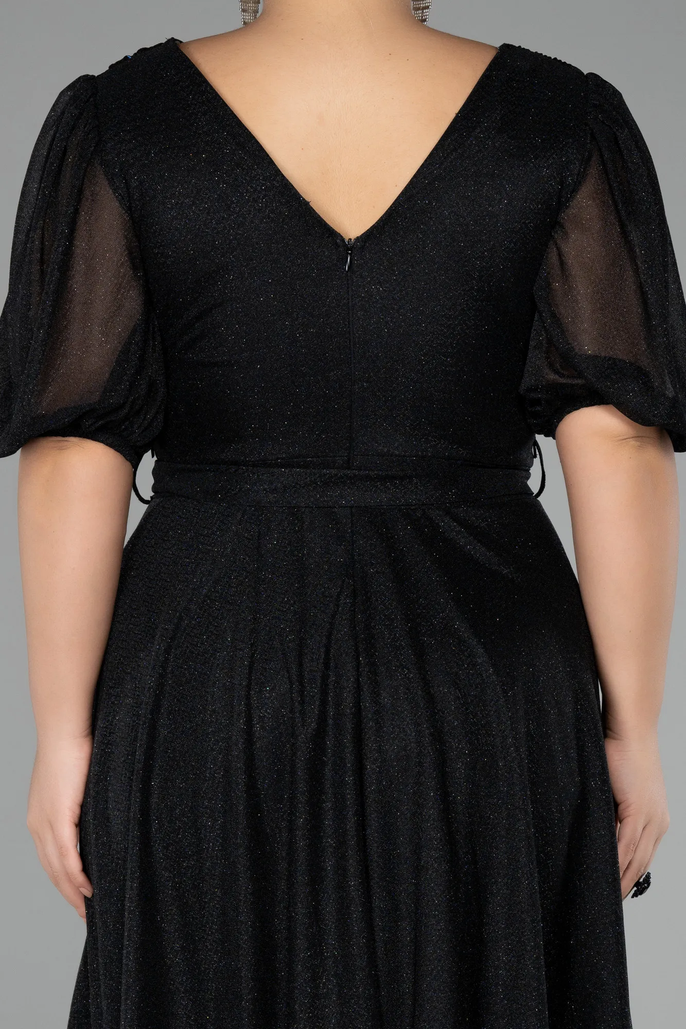Black-Short Sleeve Glitter Midi Plus Size Invatation Dress ABK2135