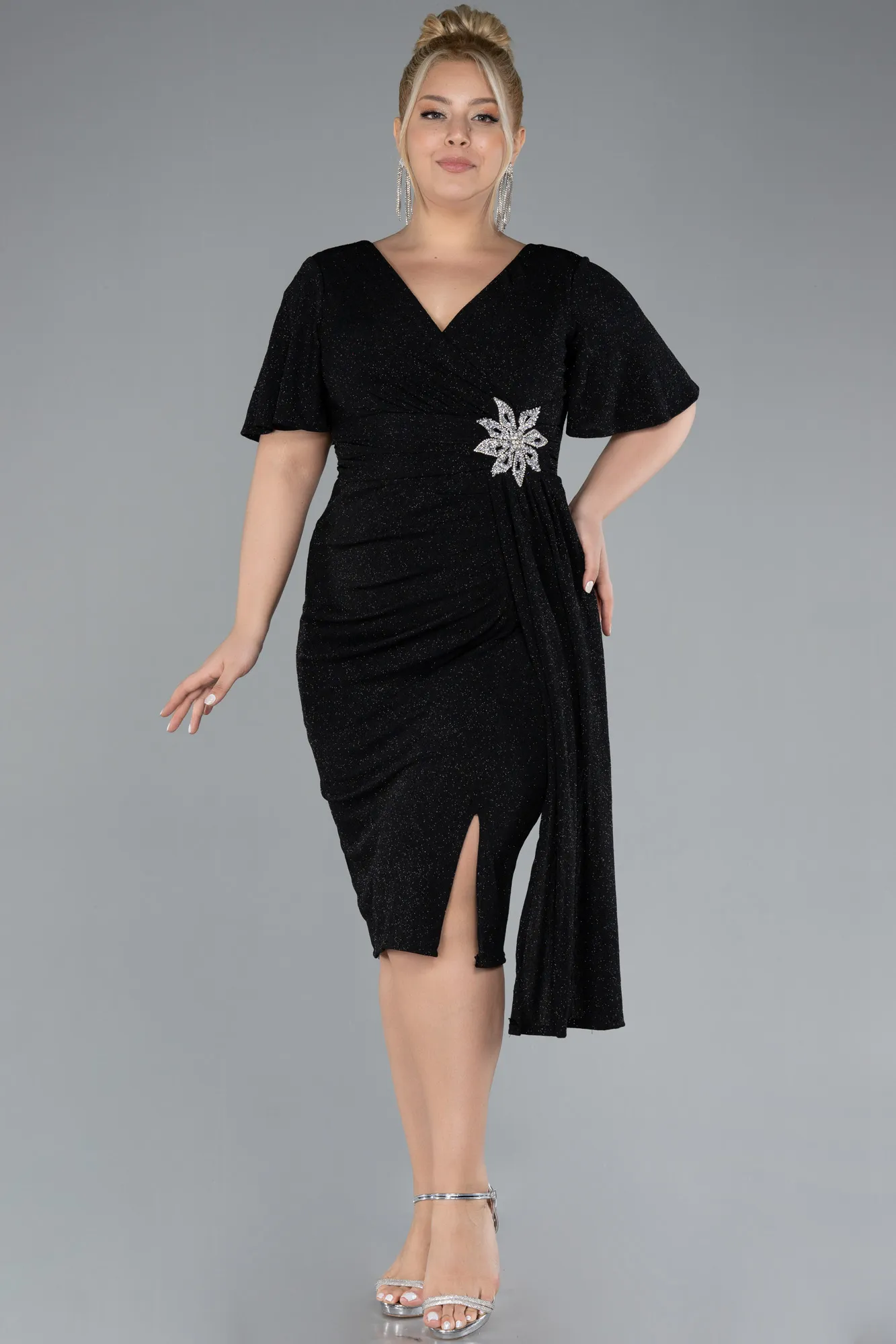 Black-Short Sleeve Midi Glittery Plus Size Cocktail Dress ABK2146