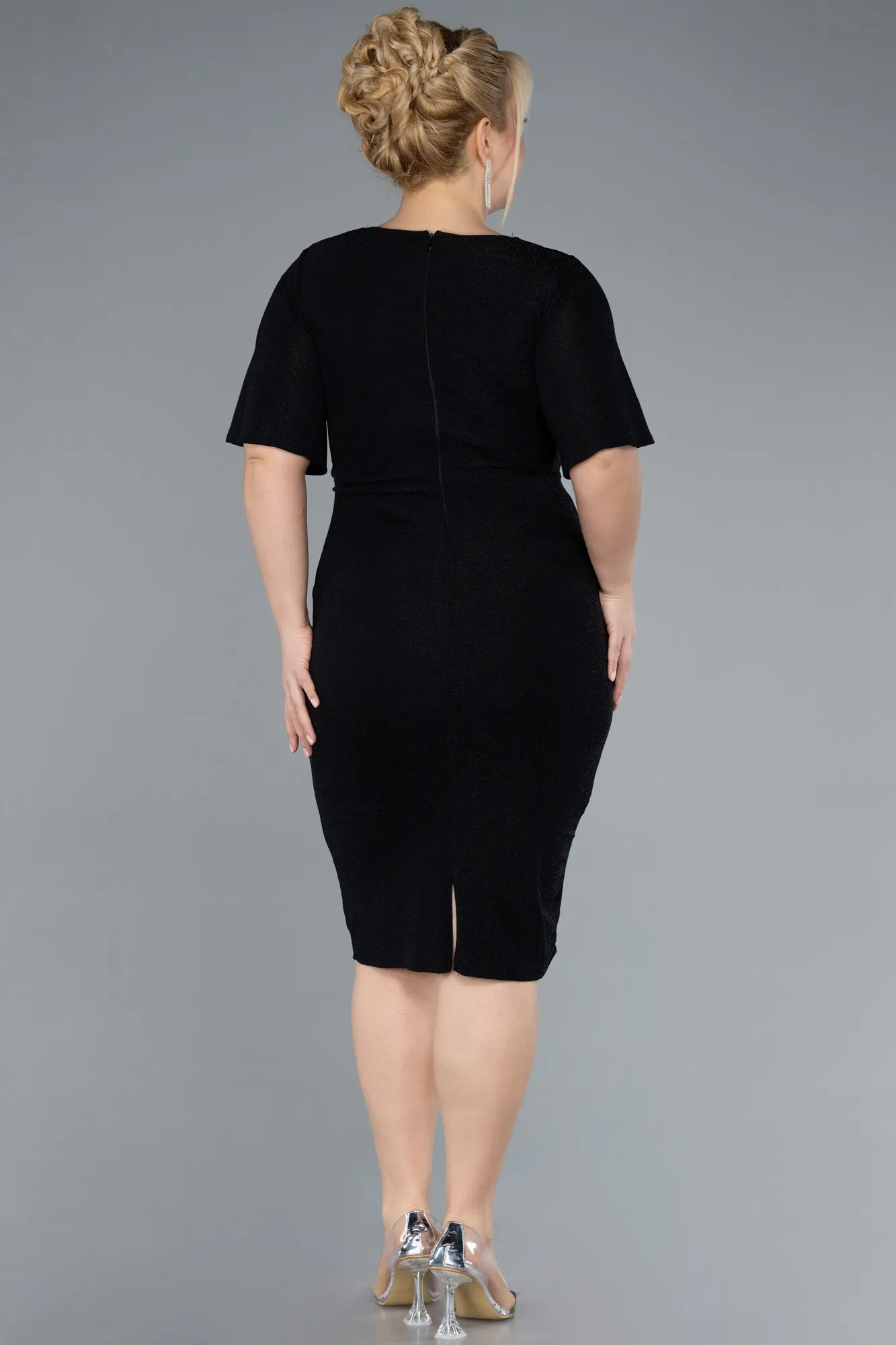 Black-Short Sleeve Midi Glittery Plus Size Invitation Dress ABK2224