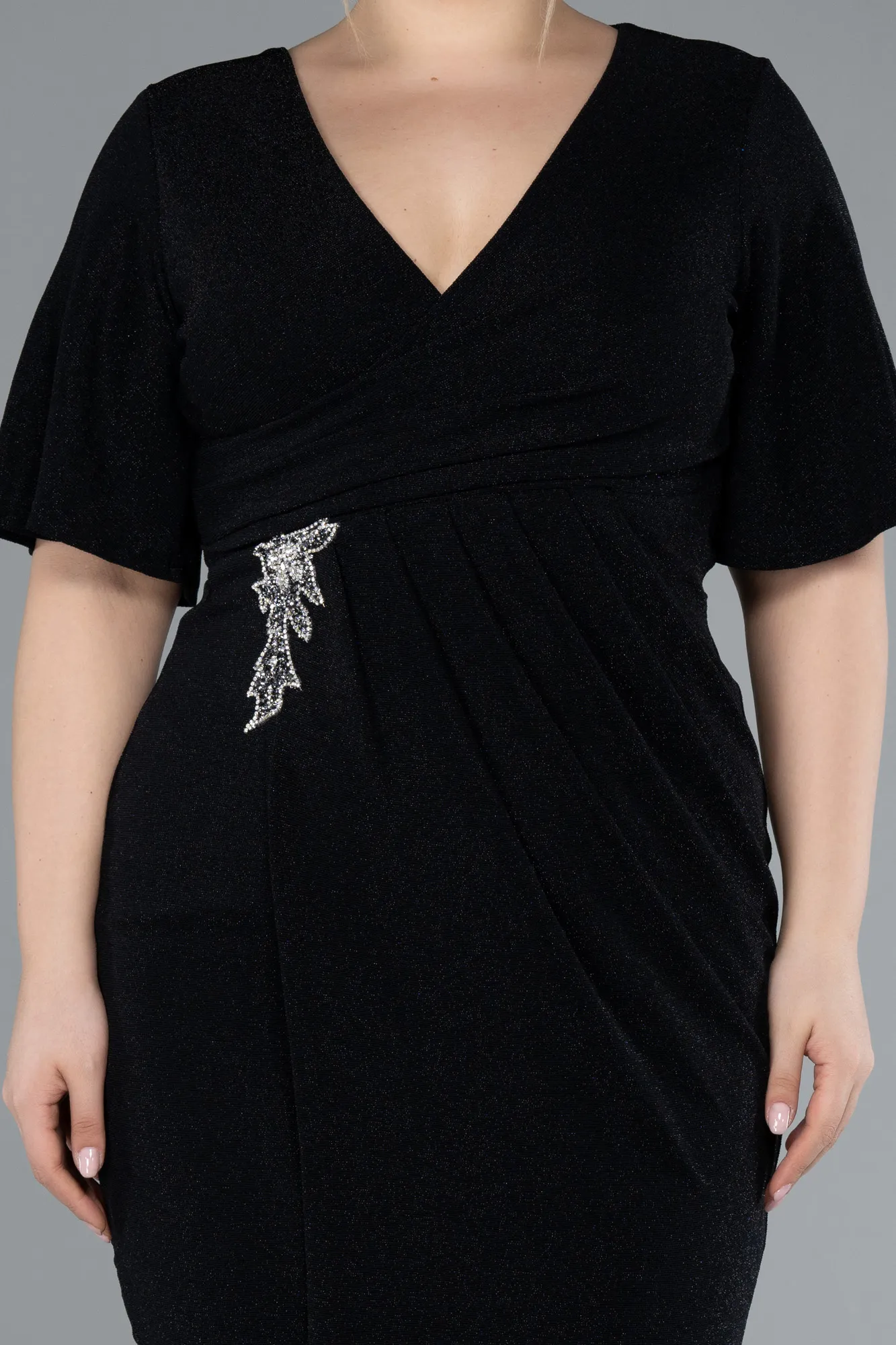 Black-Short Sleeve Midi Glittery Plus Size Invitation Dress ABK2224