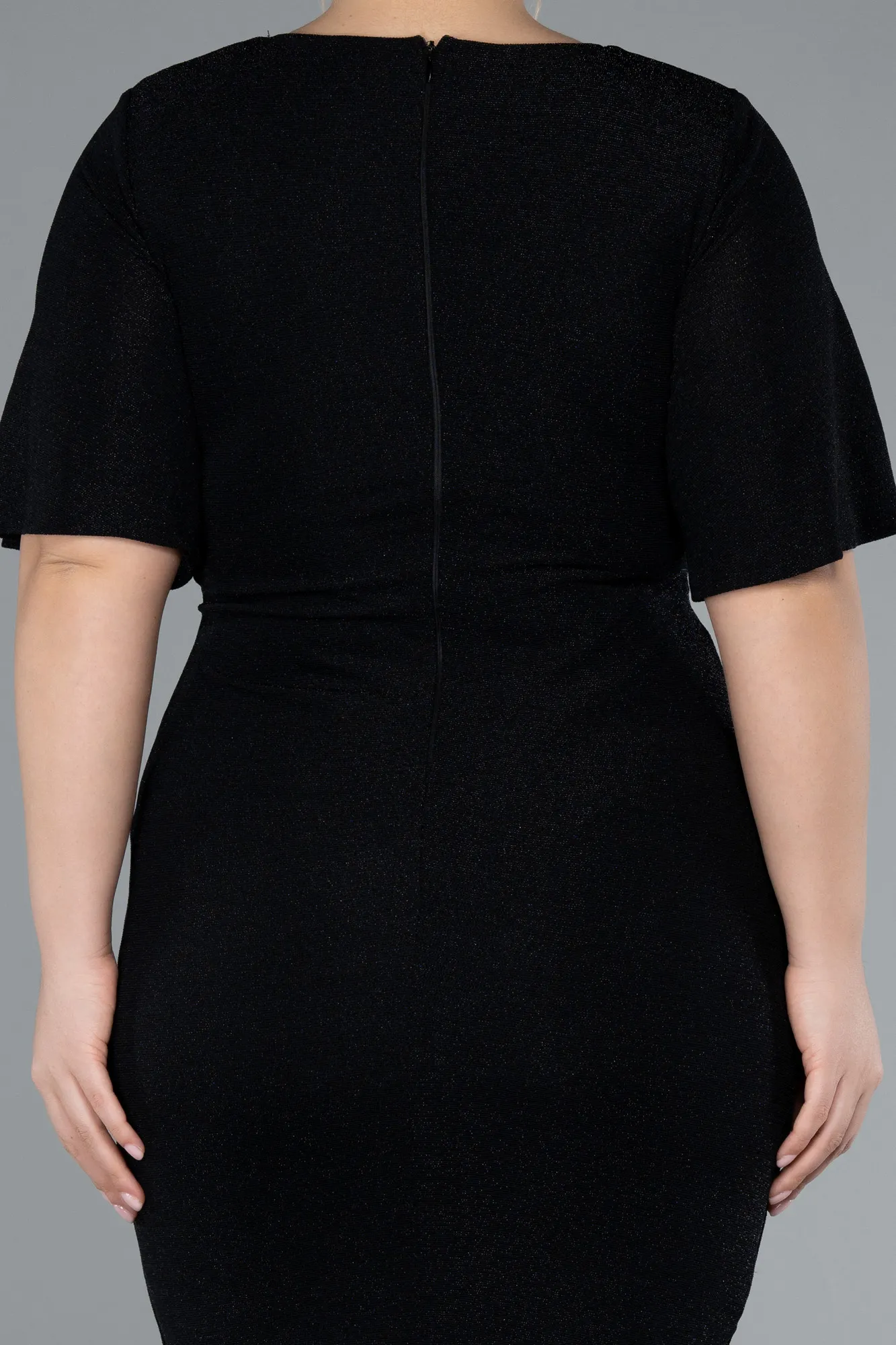 Black-Short Sleeve Midi Glittery Plus Size Invitation Dress ABK2224