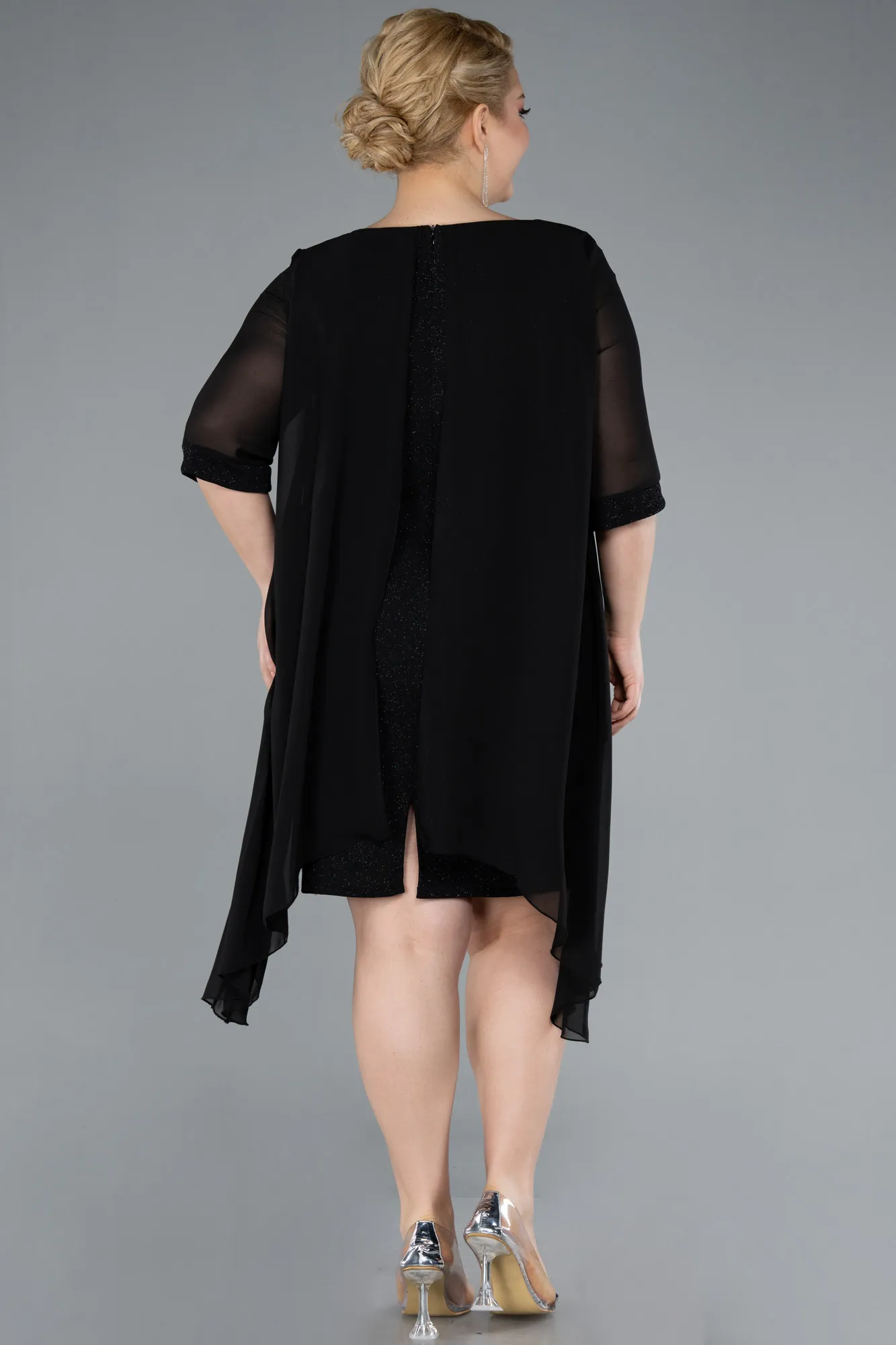 Black-Short Sleeve Midi Plus Size Evening Dress ABK2302