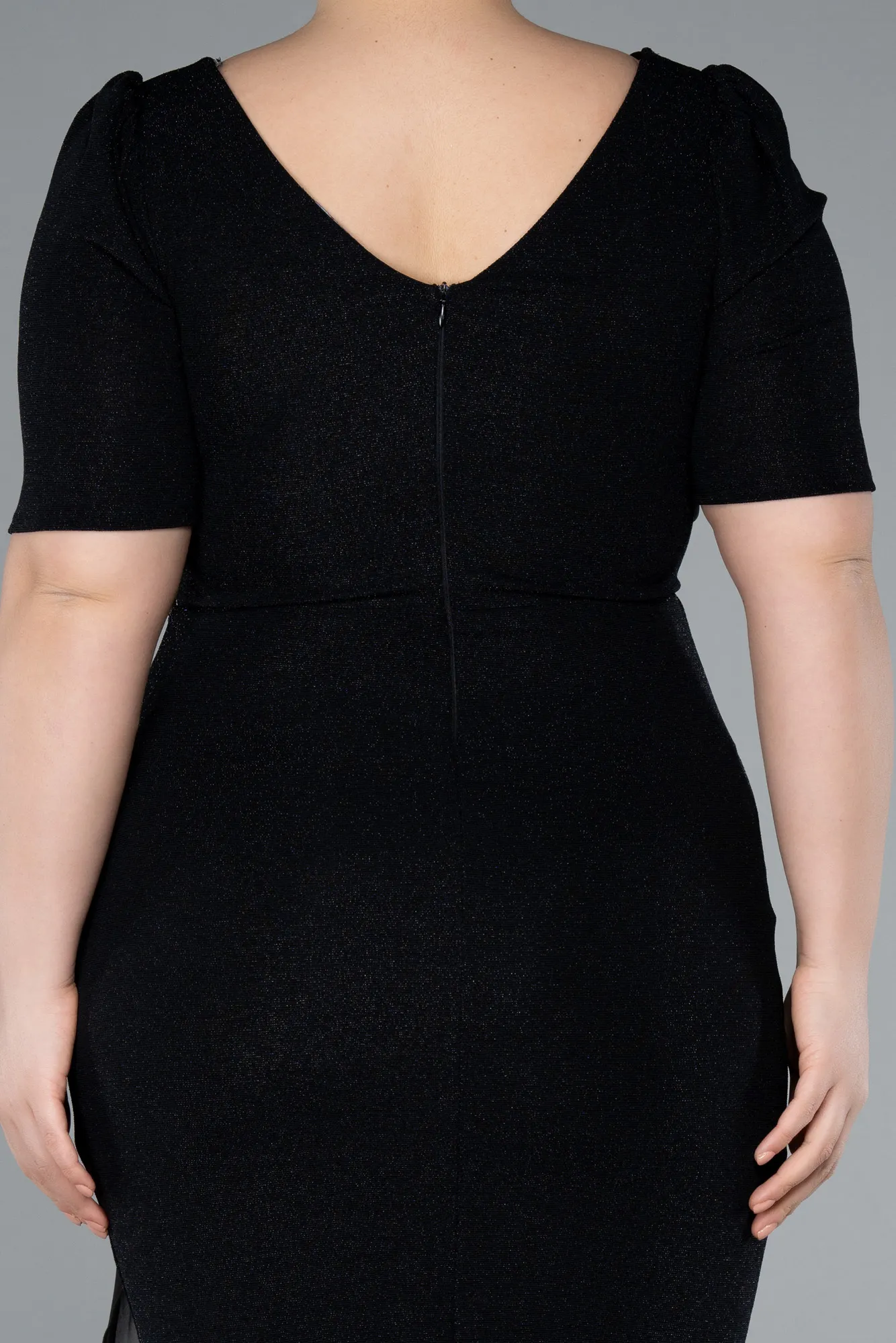 Black-Short Sleeve Midi Plus Size Evening Dress ABK2303