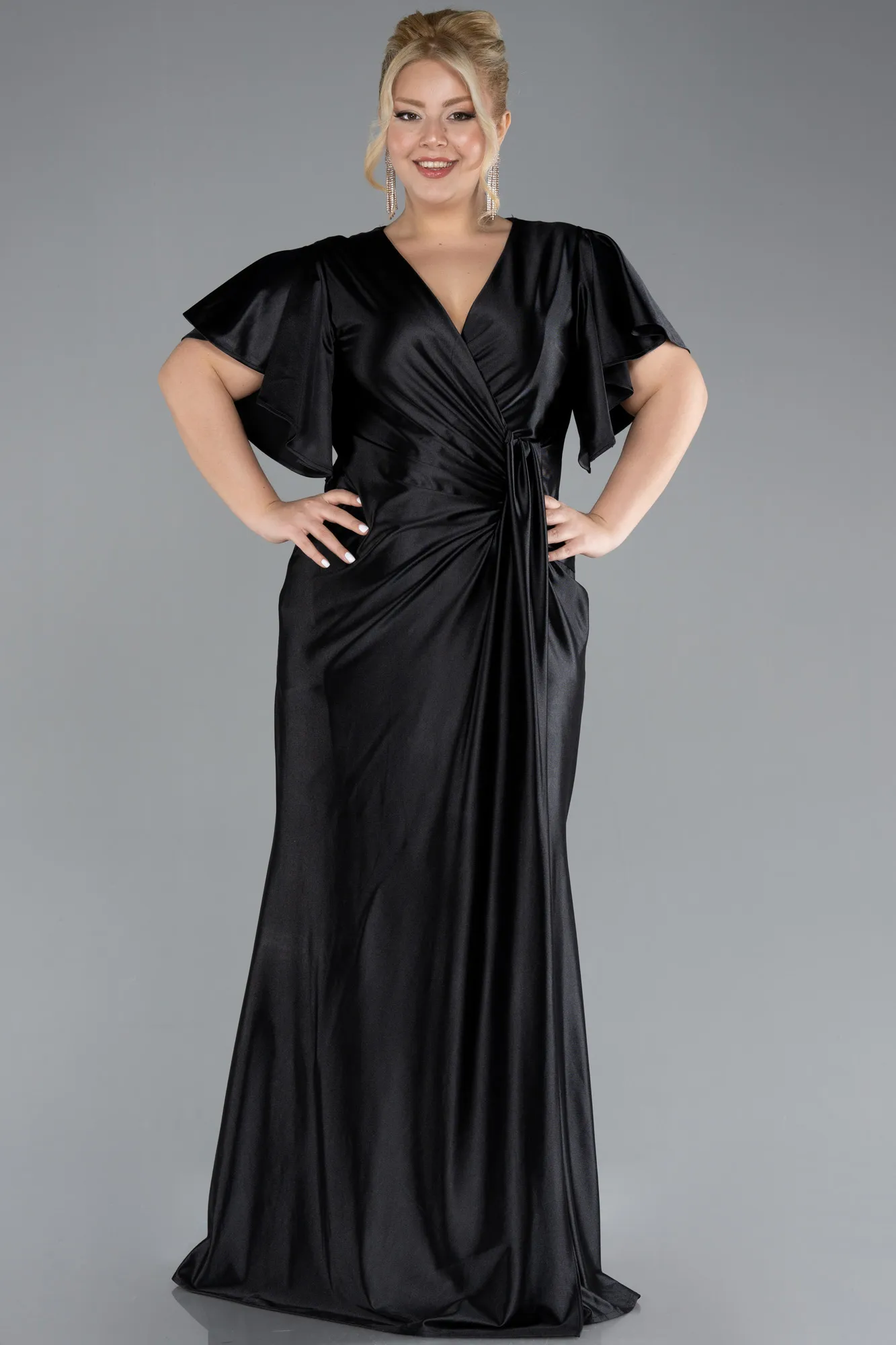 Black-Short Sleeve Slit Long Satin Plus Size Evening Dress ABU4349