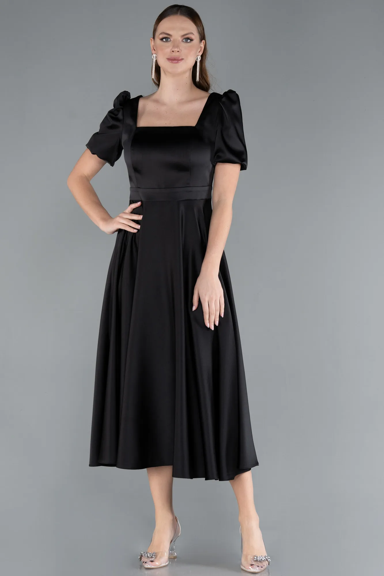 Black-Short Sleeve Square Neck Midi Satin Cocktail Dress ABK2288