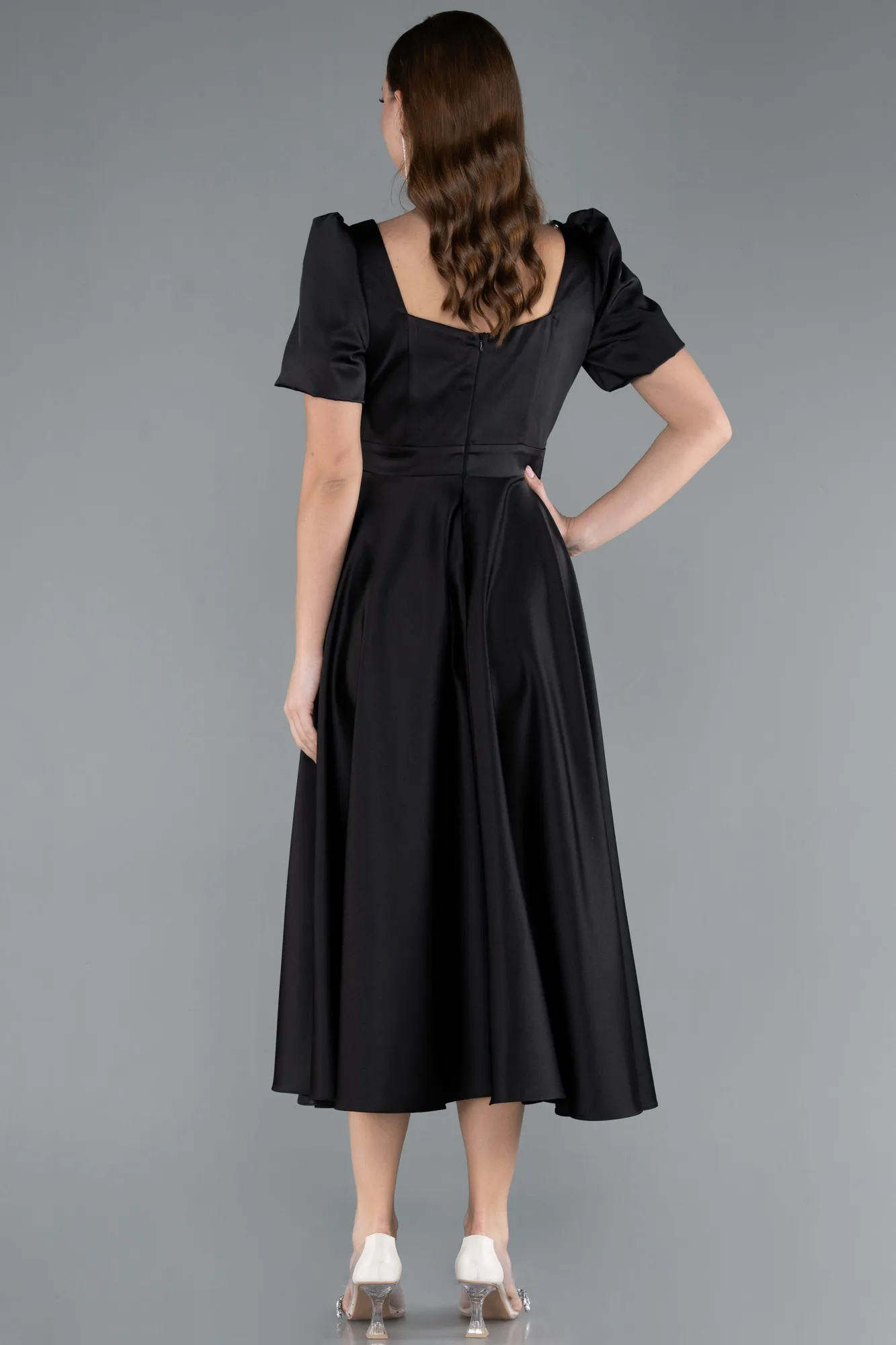 Black-Short Sleeve Square Neck Midi Satin Cocktail Dress ABK2288