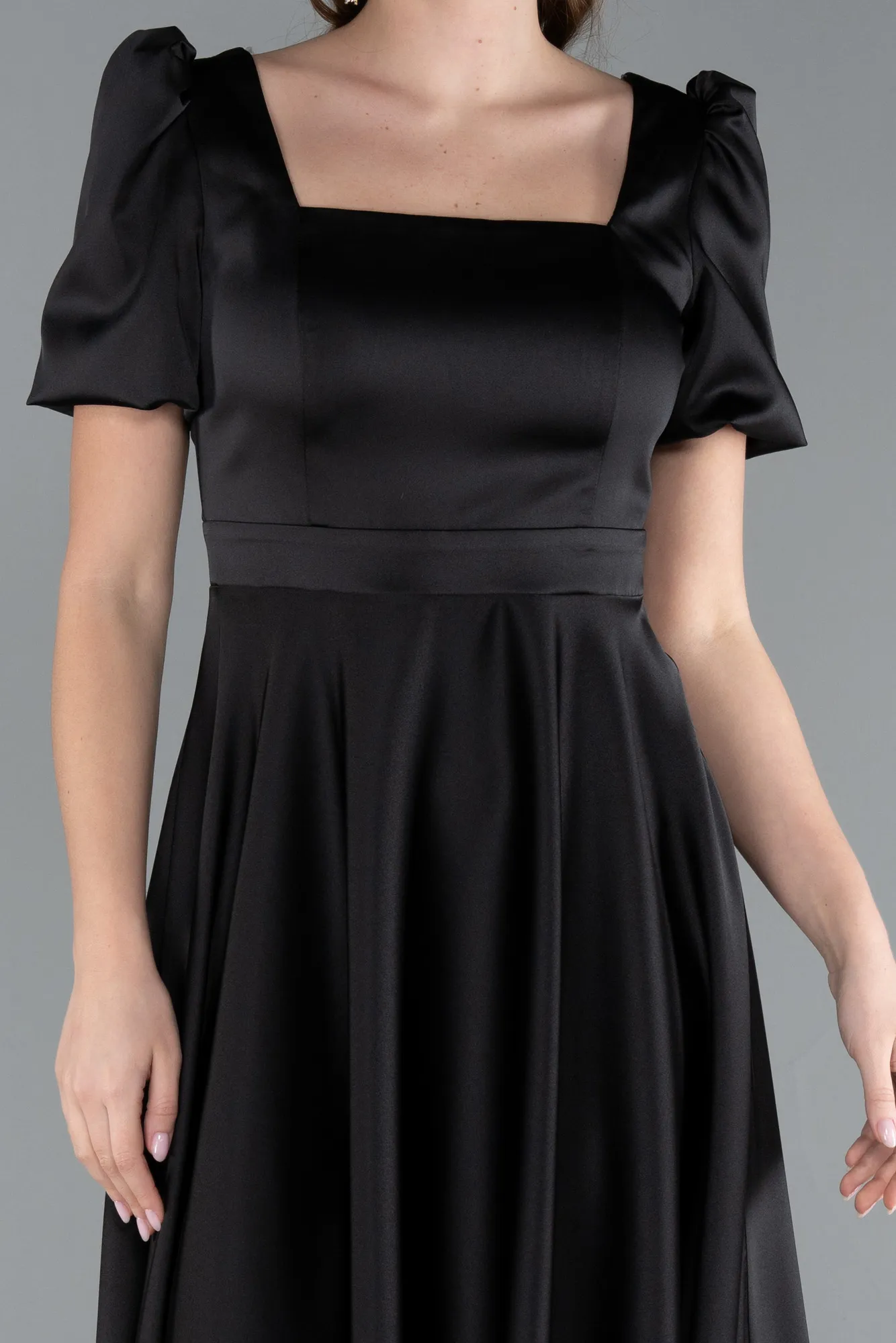 Black-Short Sleeve Square Neck Midi Satin Cocktail Dress ABK2288