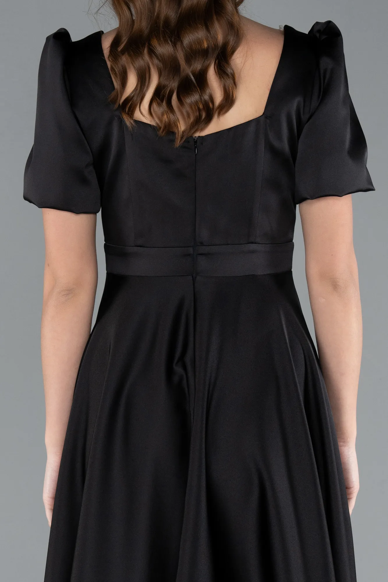 Black-Short Sleeve Square Neck Midi Satin Cocktail Dress ABK2288