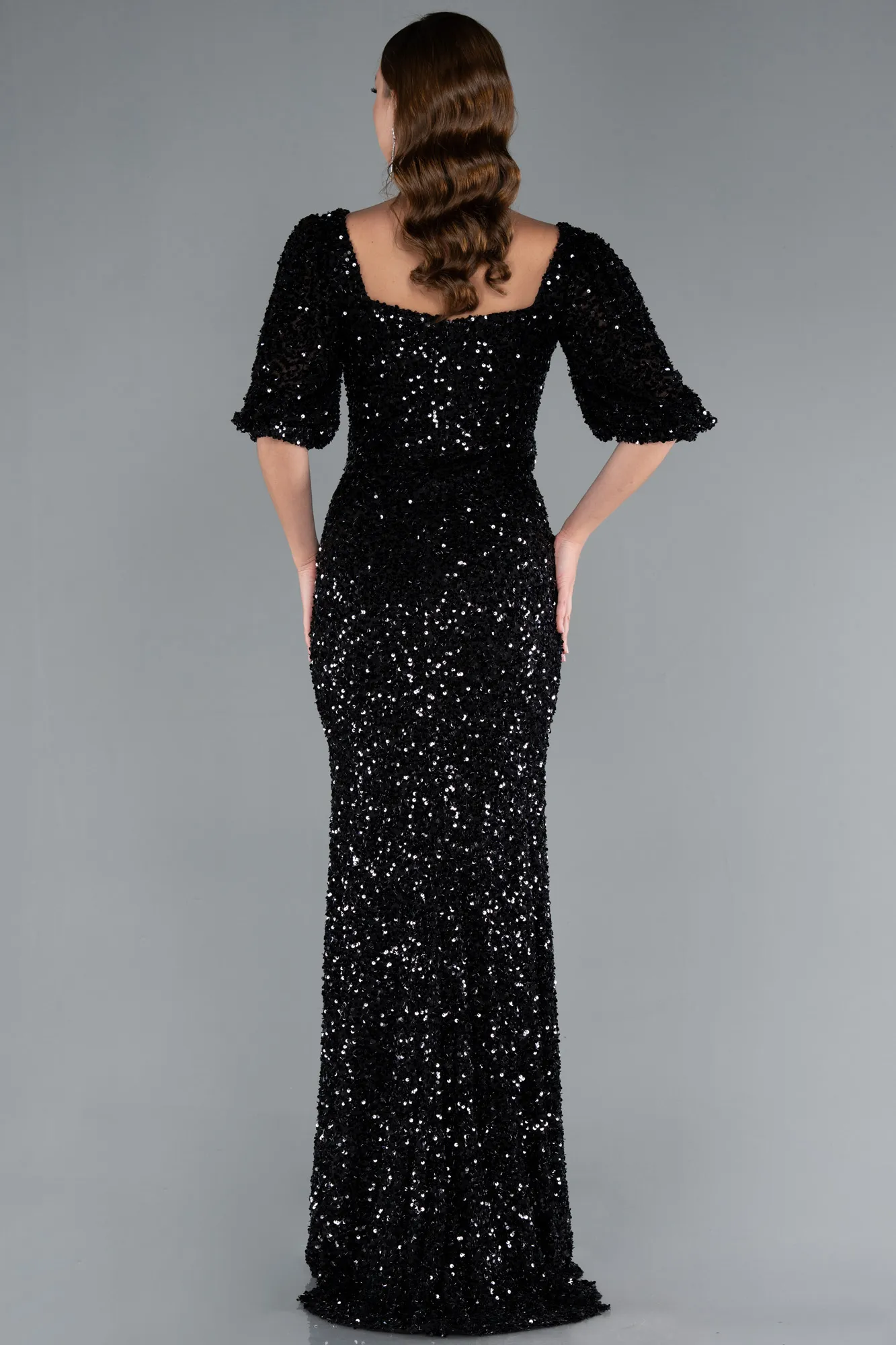 Black-Short Sleeve Square Neck Slit Long Scaly Evening Gown ABU4848