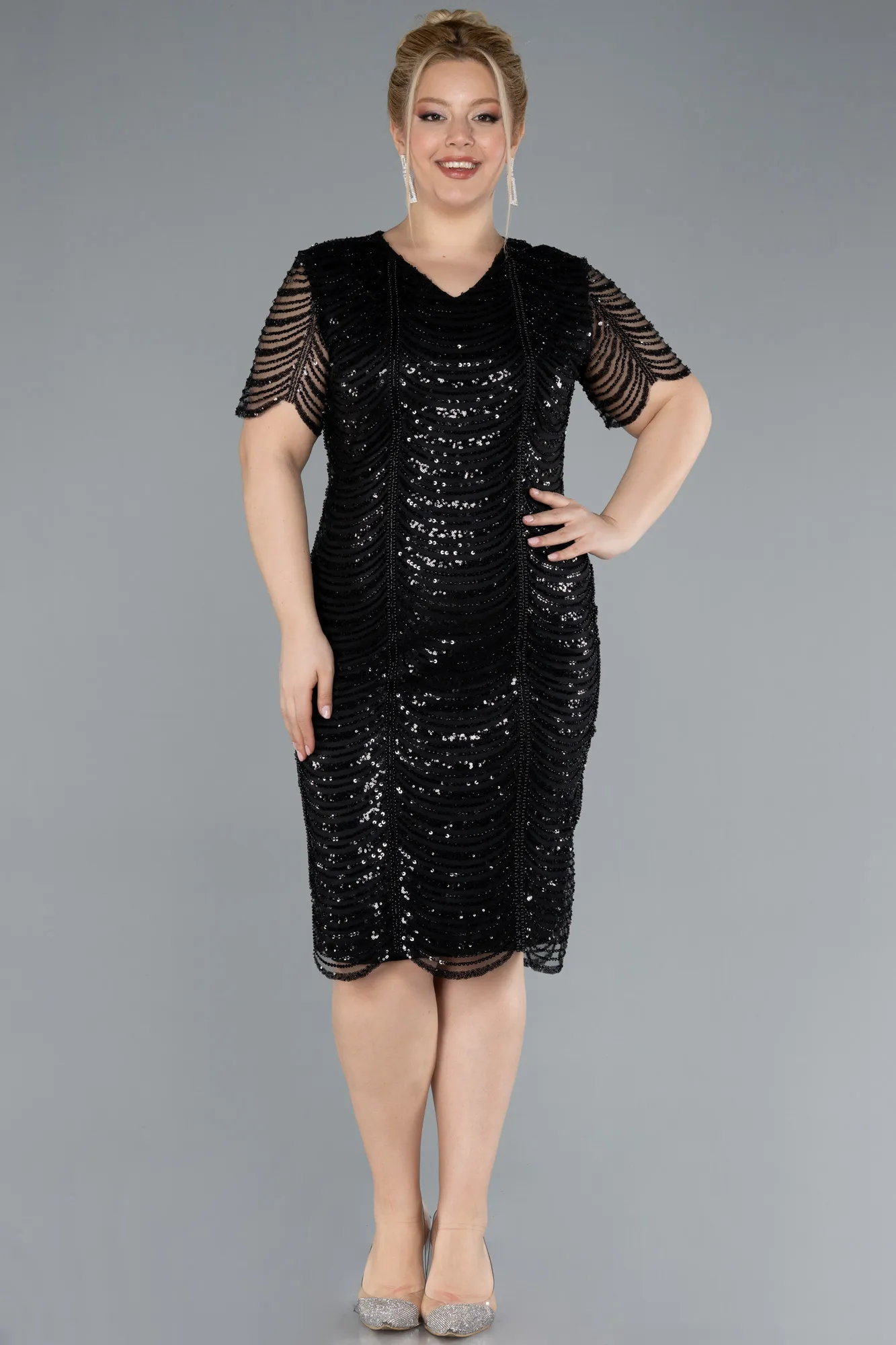 Black-Short Sleeve V Neck Beaded Plus Size Evening Gown ABK2230