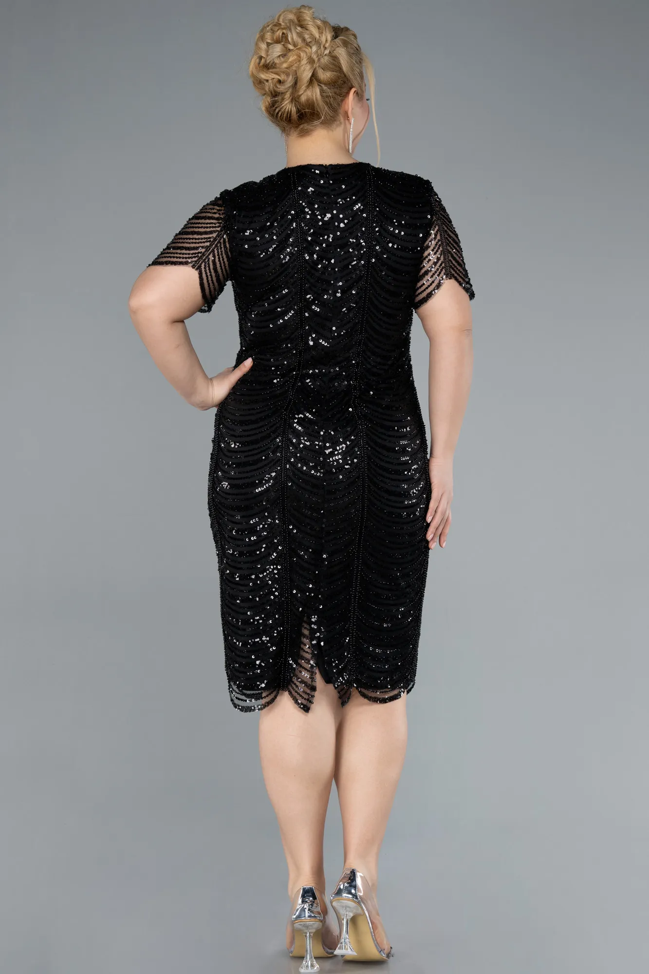 Black-Short Sleeve V Neck Beaded Plus Size Evening Gown ABK2230