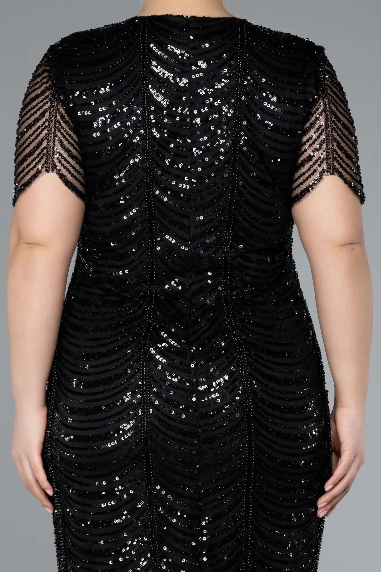 Black-Short Sleeve V Neck Beaded Plus Size Evening Gown ABK2230