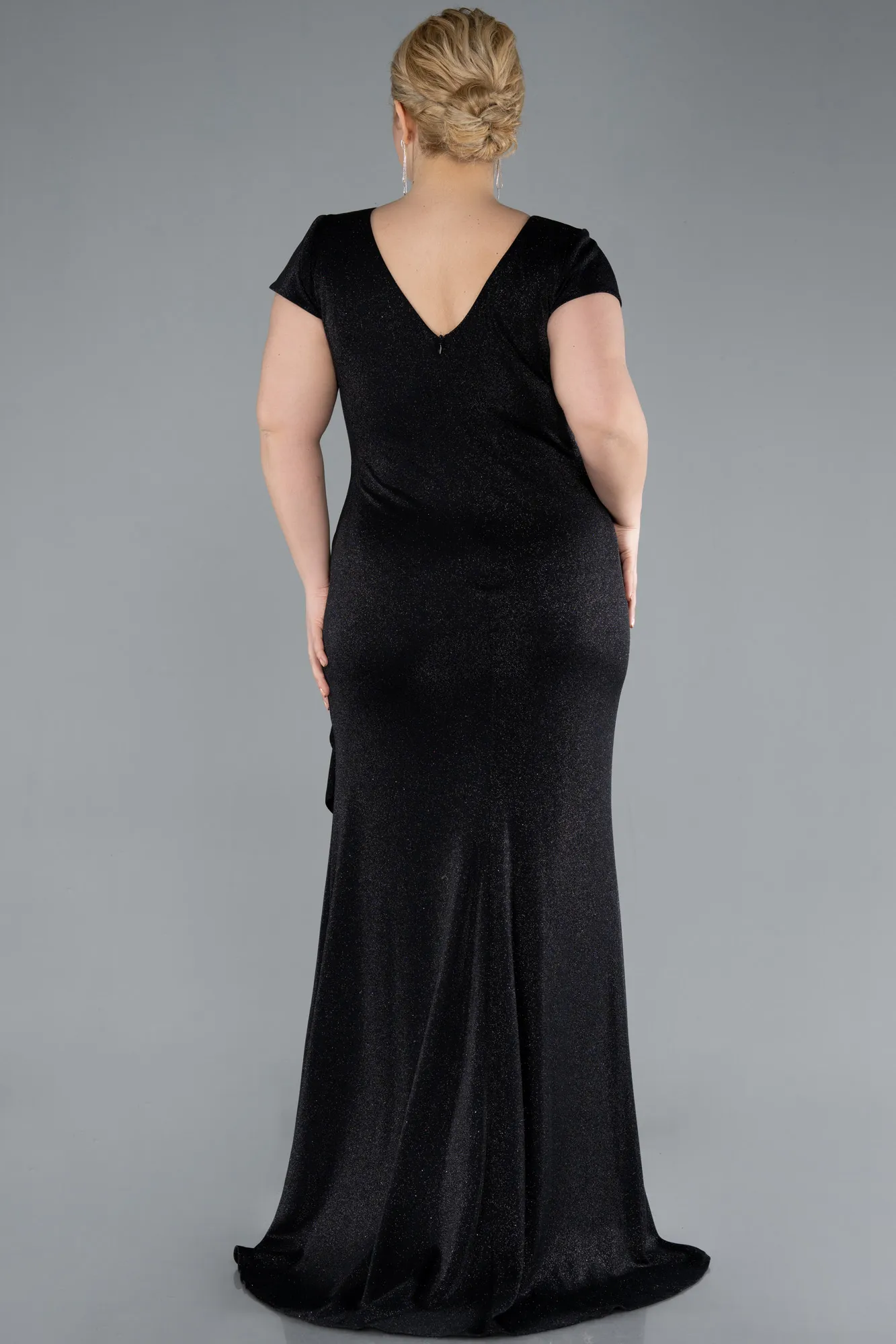 Black-Short Sleeve V Neck Glitter Long Plus Size Evening Dress ABU5123