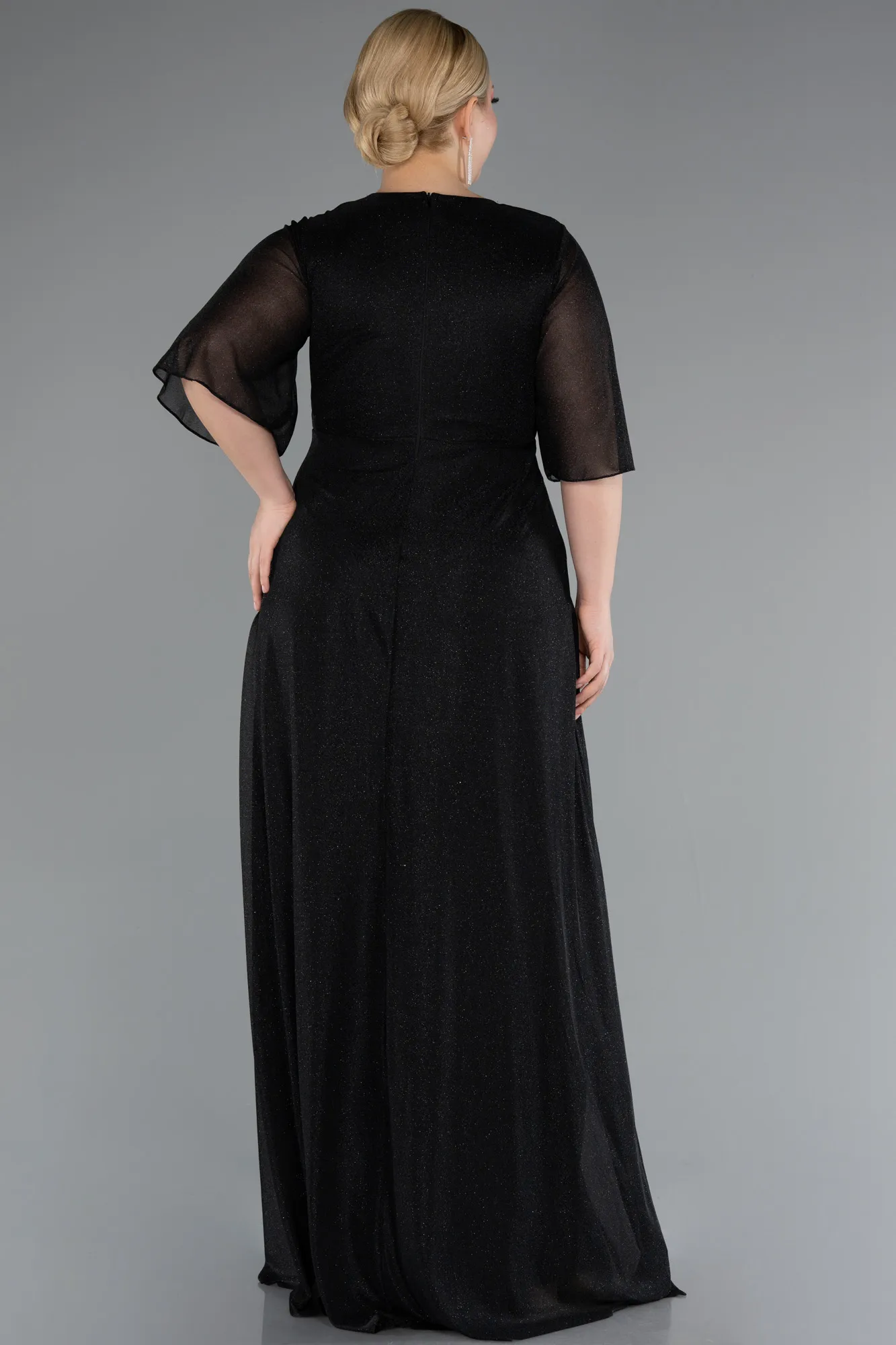Black-Short Sleeve V Neck Long Glittery Plus Size Evening Dress ABU4887