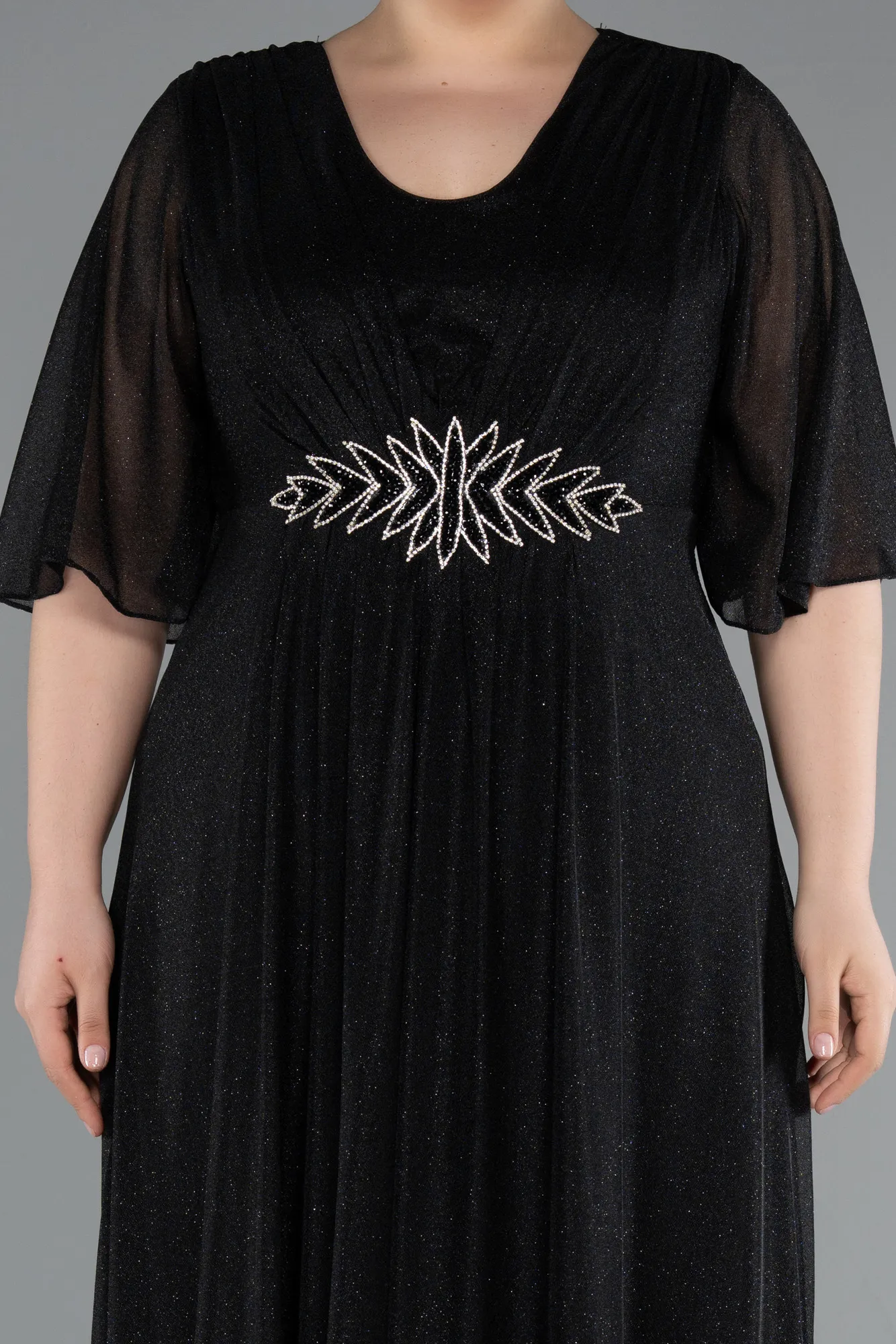 Black-Short Sleeve V Neck Long Glittery Plus Size Evening Dress ABU4887