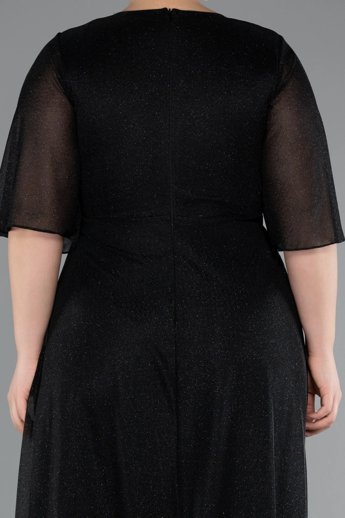 Black-Short Sleeve V Neck Long Glittery Plus Size Evening Dress ABU4887
