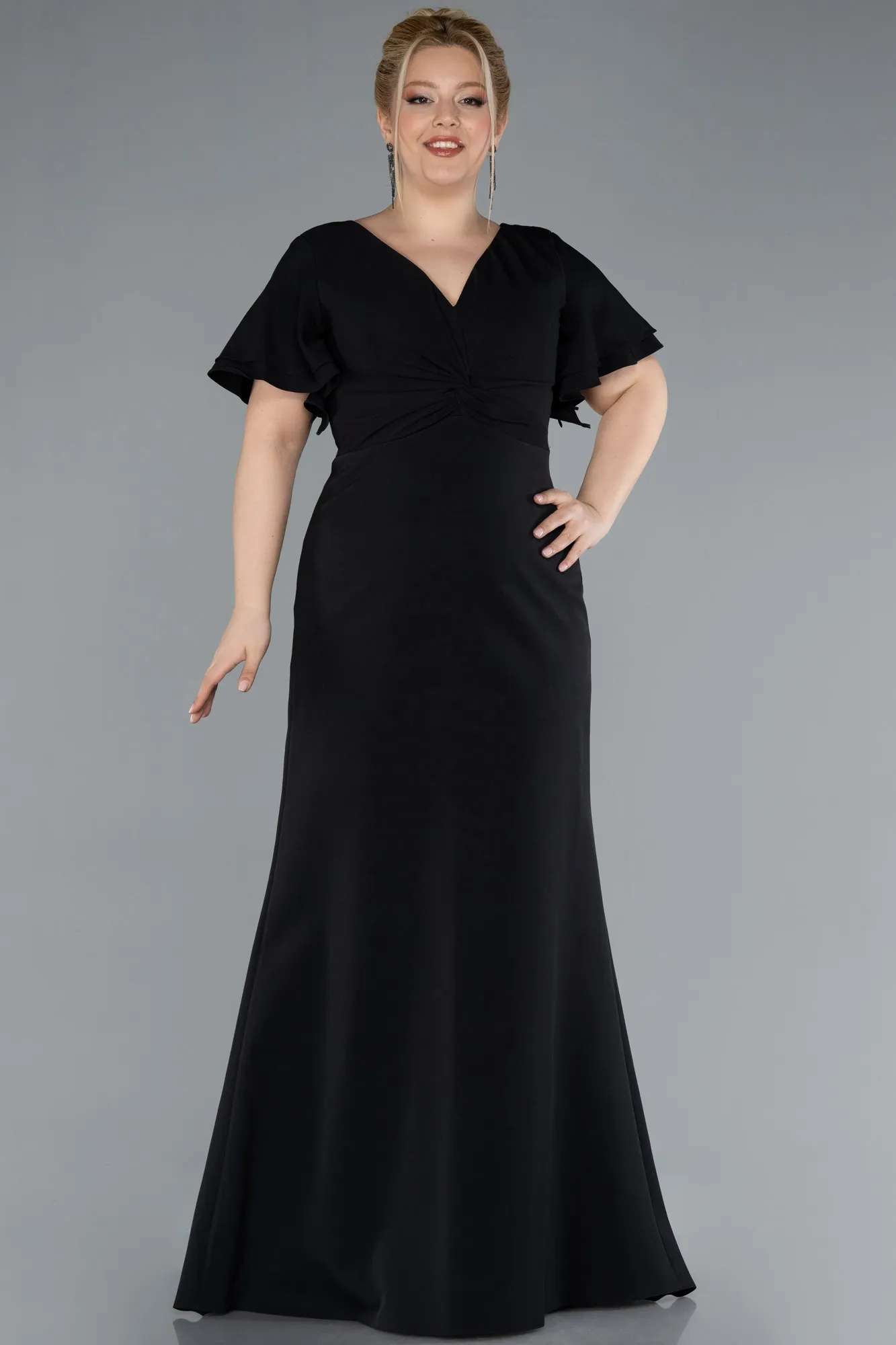 Black-Short Sleeve V Neck Long Plus Size Evening Dress ABU4353