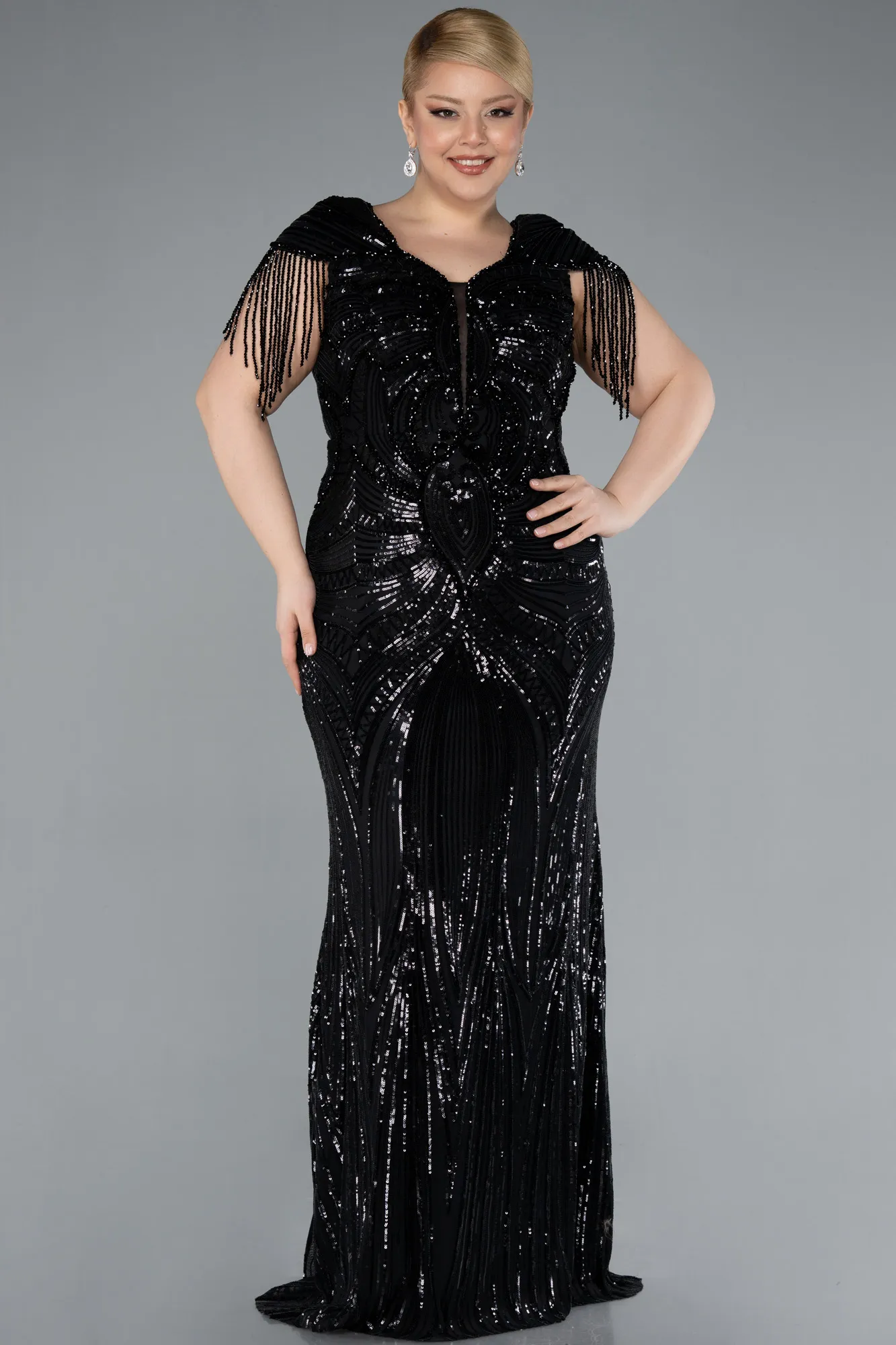 Black-Short Sleeve V Neck Long Sequin Plus Size Evening Gown ABU4821