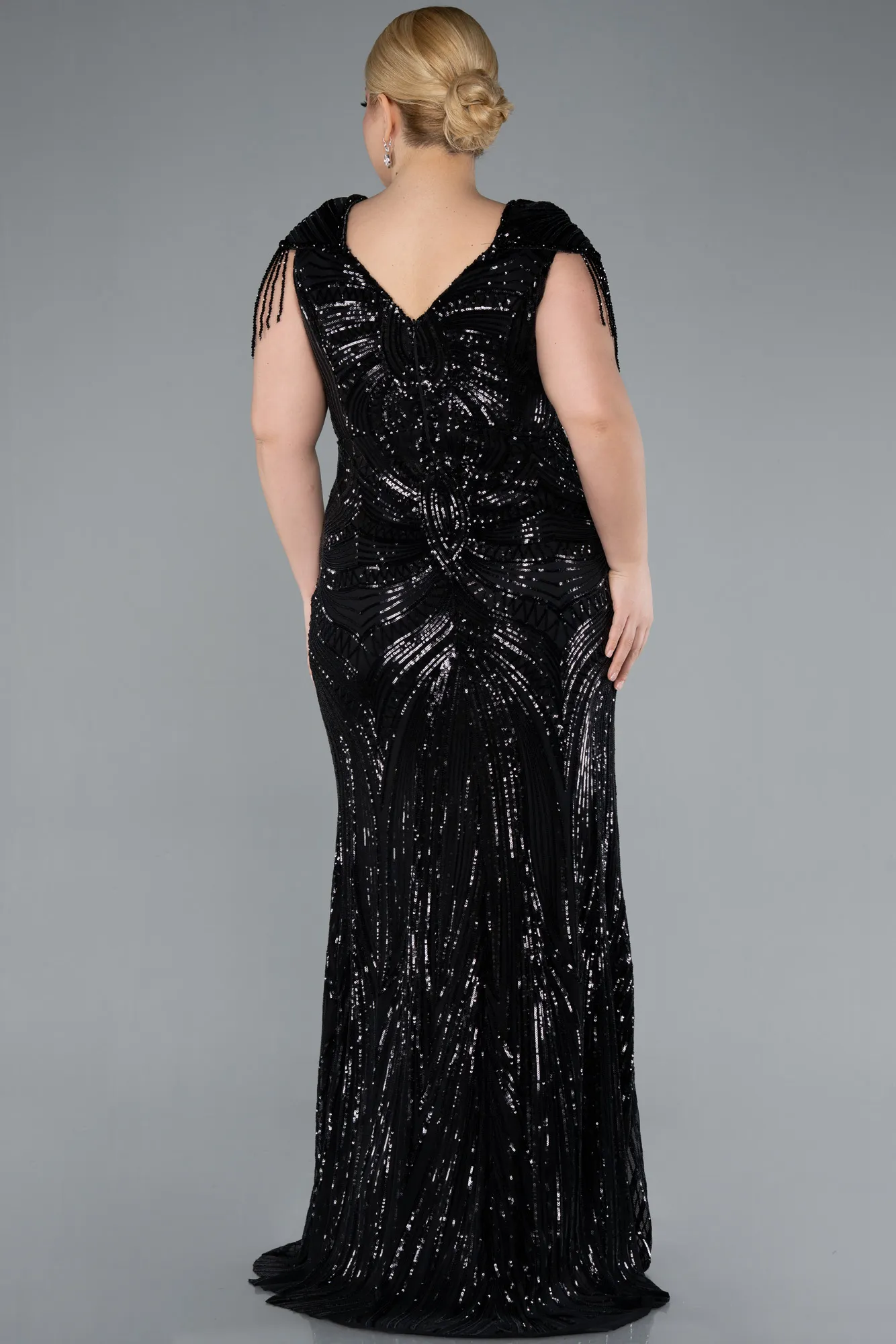 Black-Short Sleeve V Neck Long Sequin Plus Size Evening Gown ABU4821