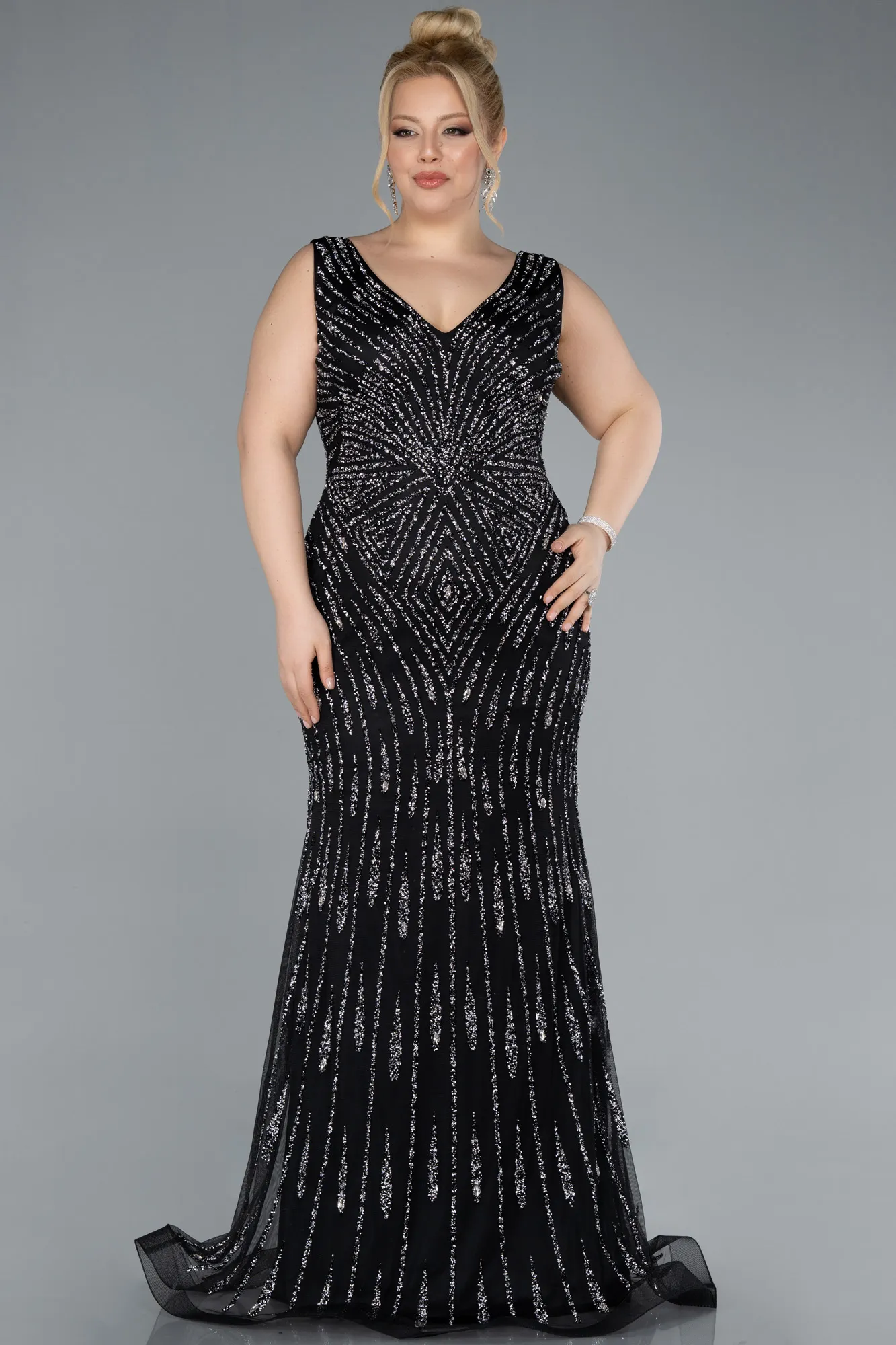 Black-Sleeveless Long Plus Size Stone Mermaid Evening Gown ABU4699