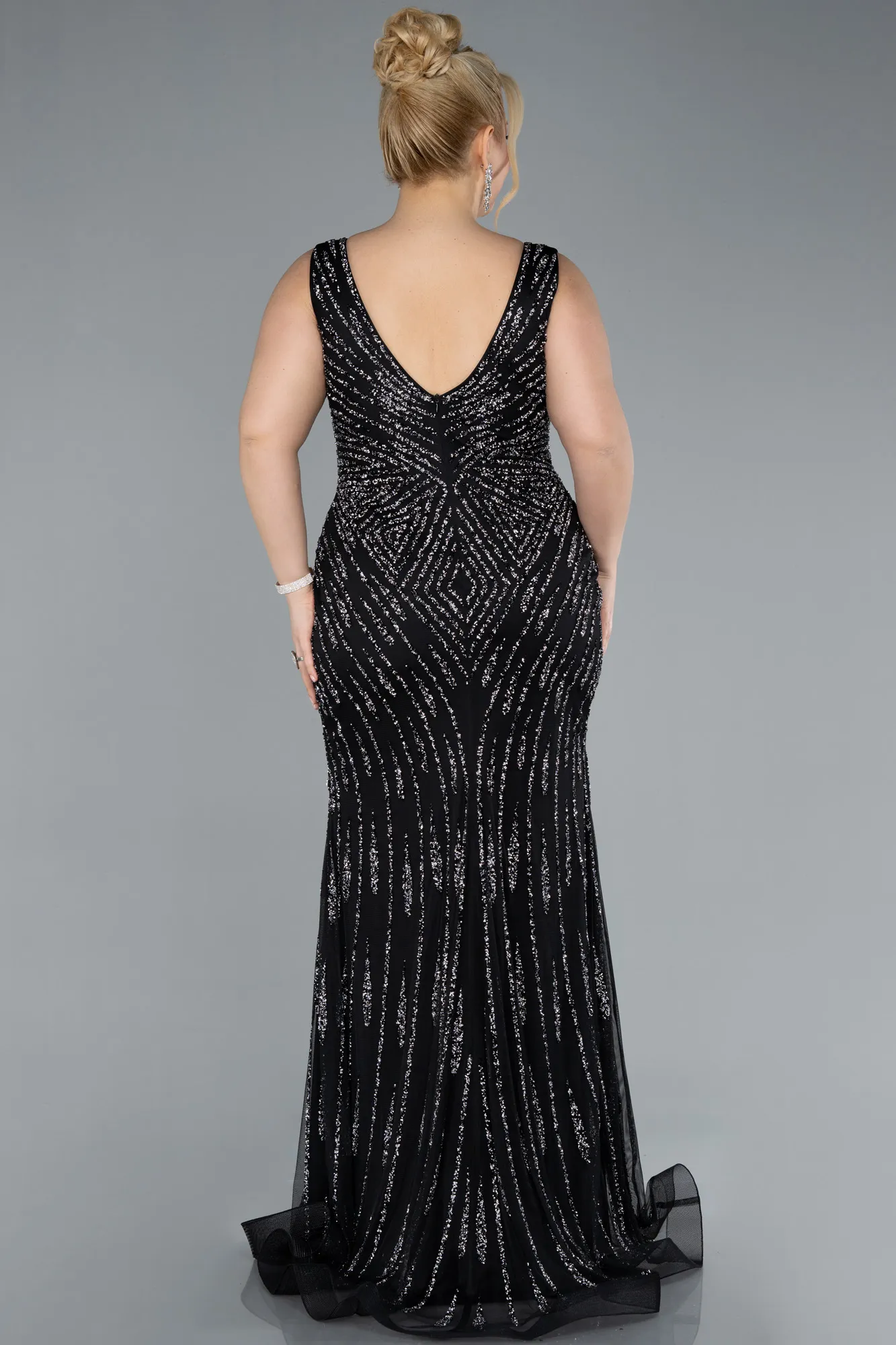Black-Sleeveless Long Plus Size Stone Mermaid Evening Gown ABU4699