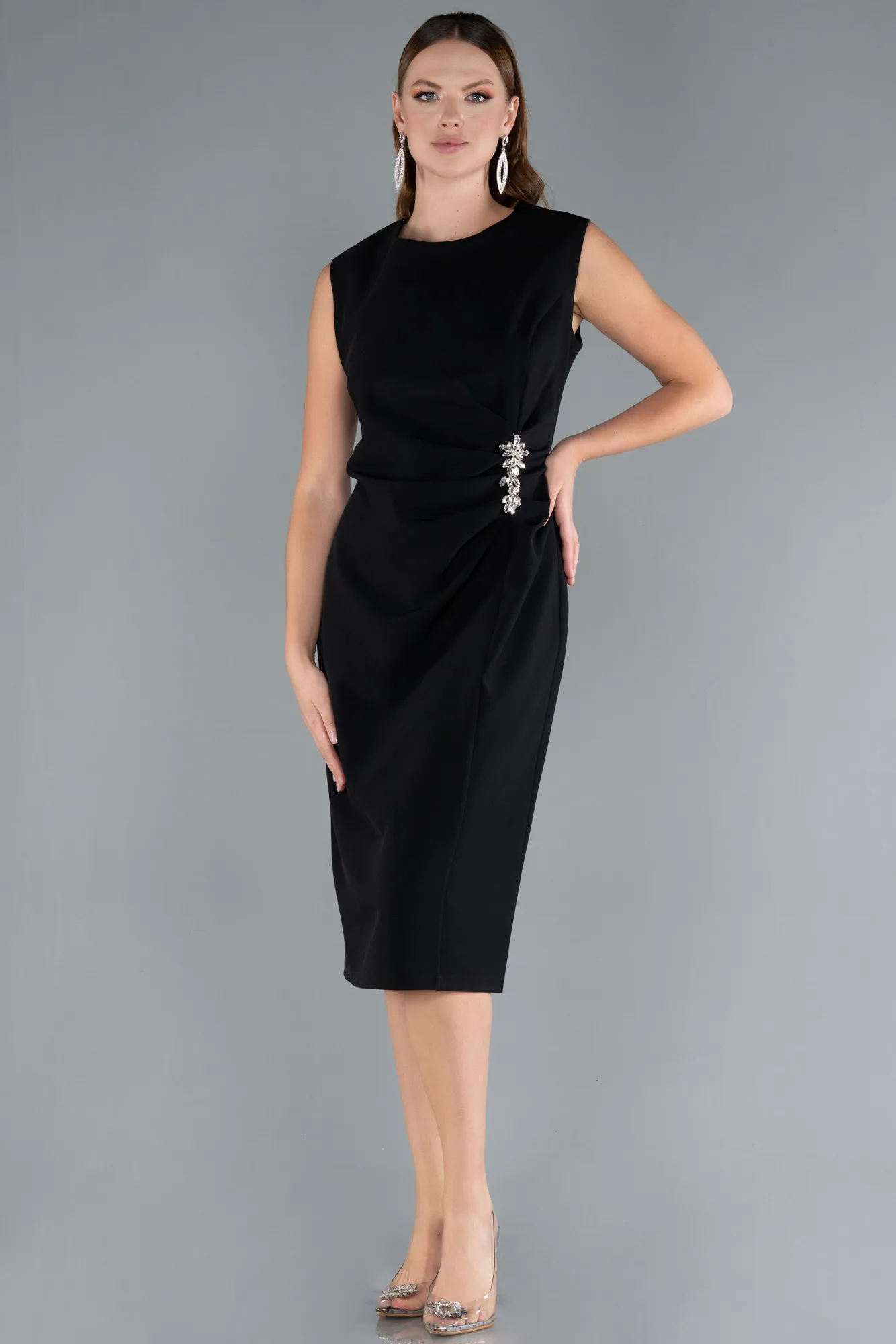 Black-Sleeveless Midi Plus Size Party Dress ABK2190