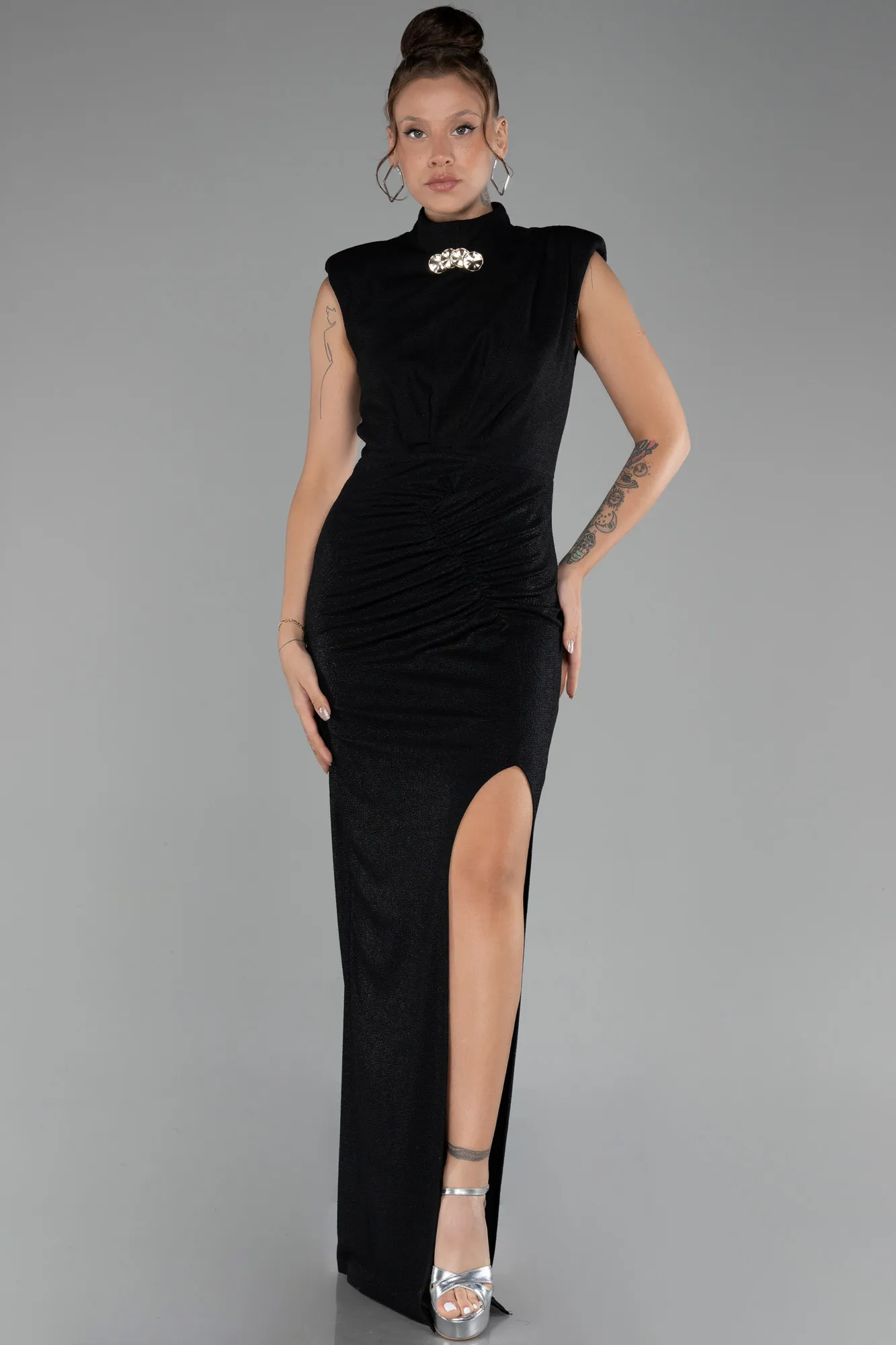 Black-Sleeveless Slit Long Glitter Evening Dress ABU4273