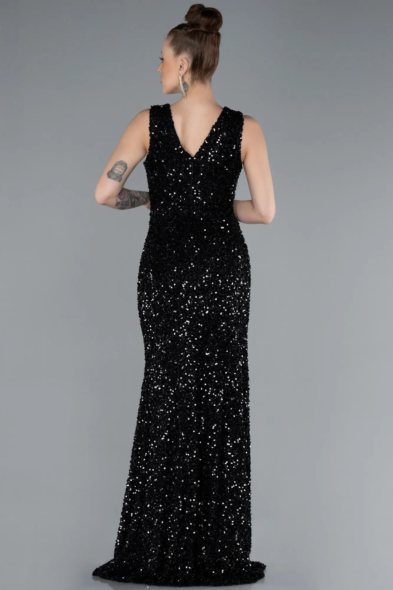 Black-Sleeveless Slit Long Sequin Evening Gown ABU4672