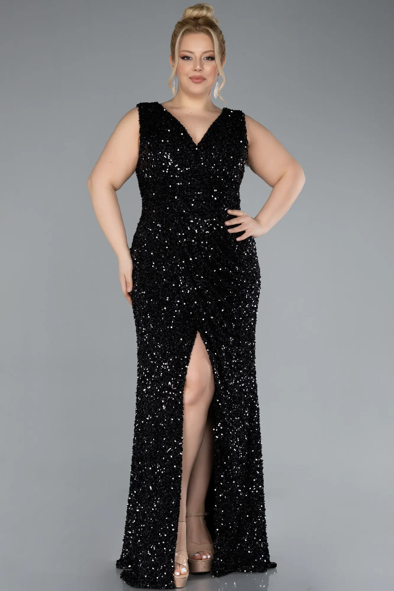 Black-Sleeveless Slit Long Sequin Plus Size Evening Gown ABU4673