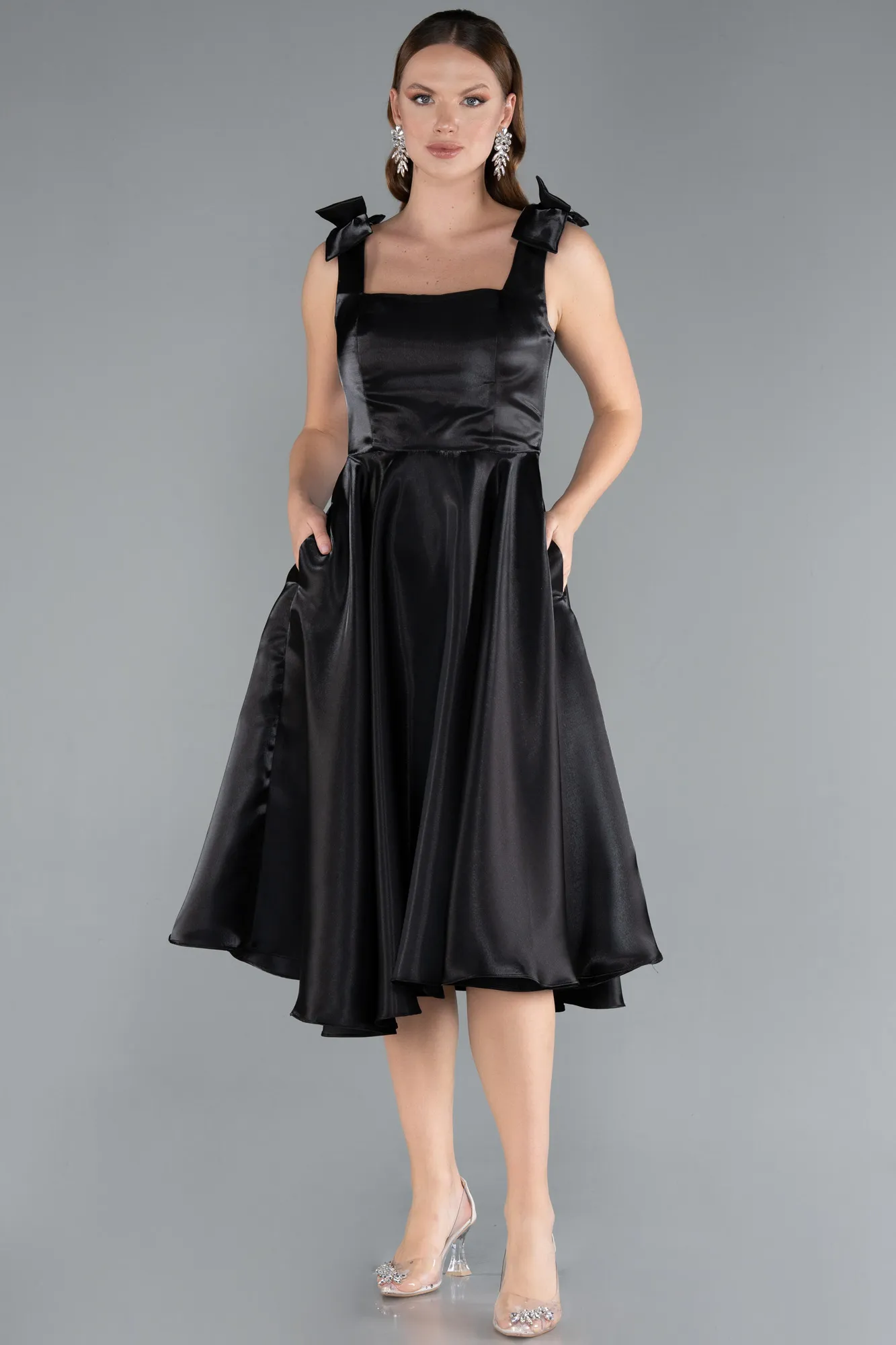 Black-Sleeveless Square Neck Midi Satin Party Dress ABK2285