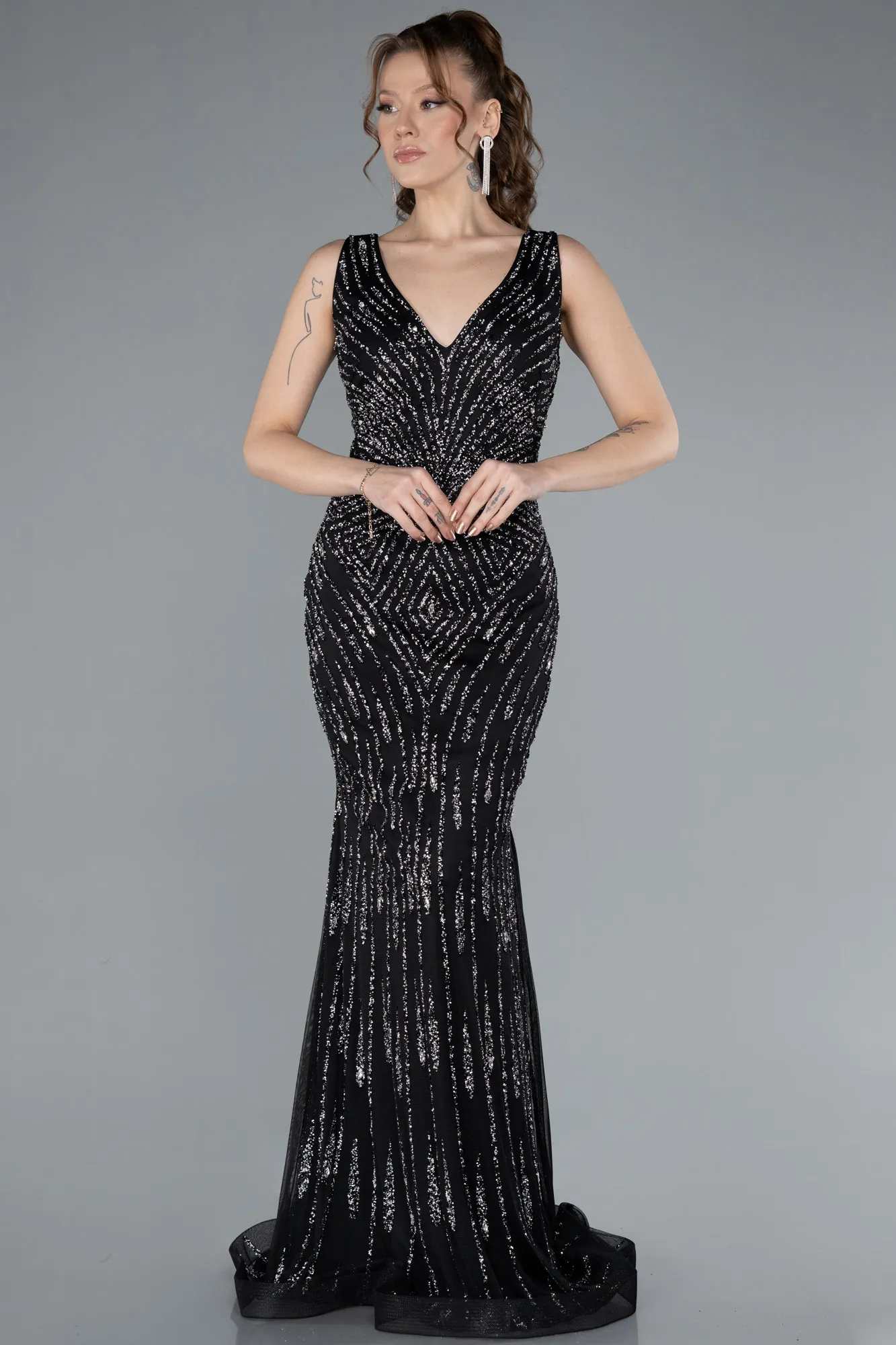 Black-Sleeveless V Neck Long Stone Mermaid Evening Gown ABU4698
