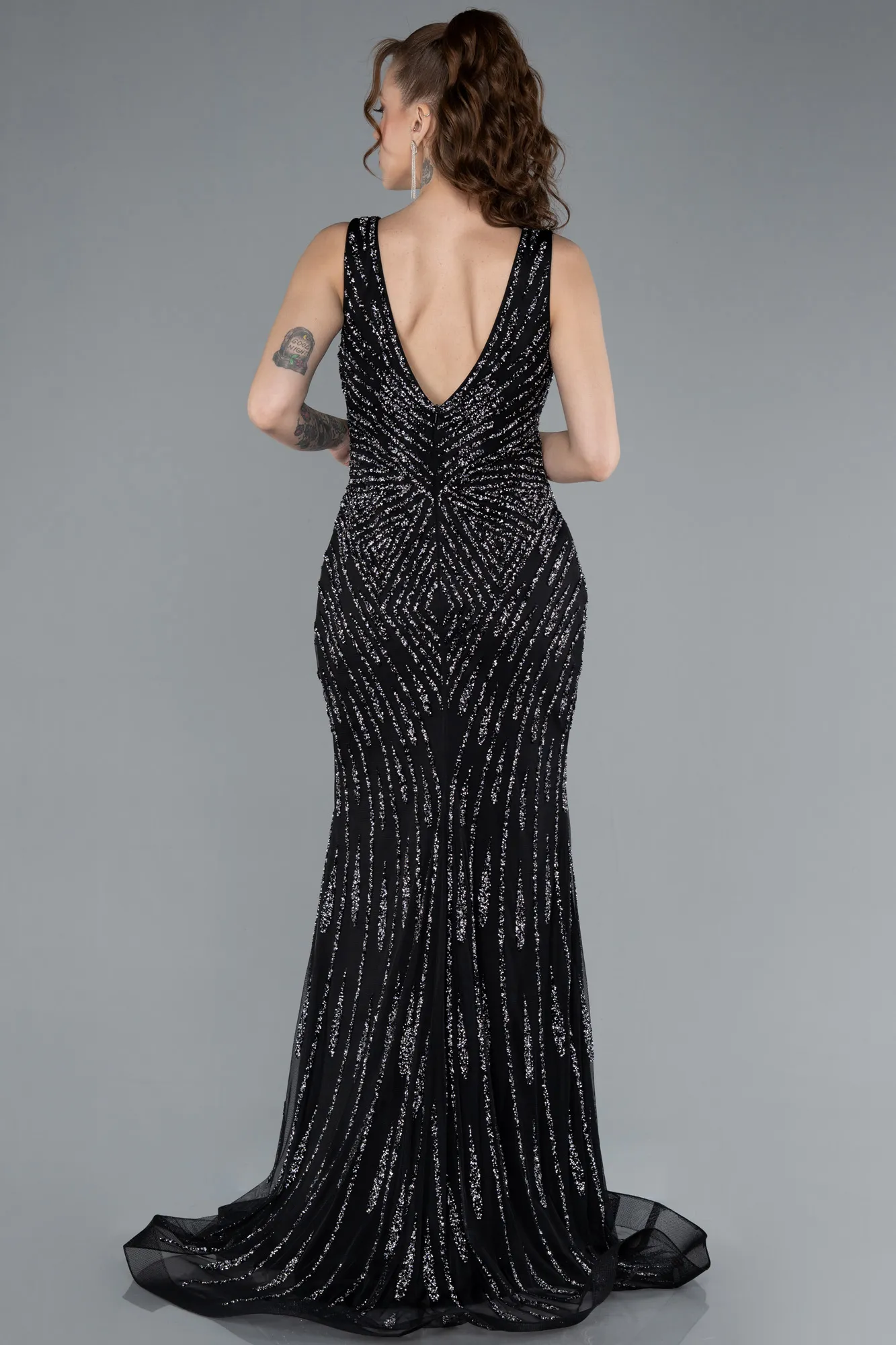 Black-Sleeveless V Neck Long Stone Mermaid Evening Gown ABU4698