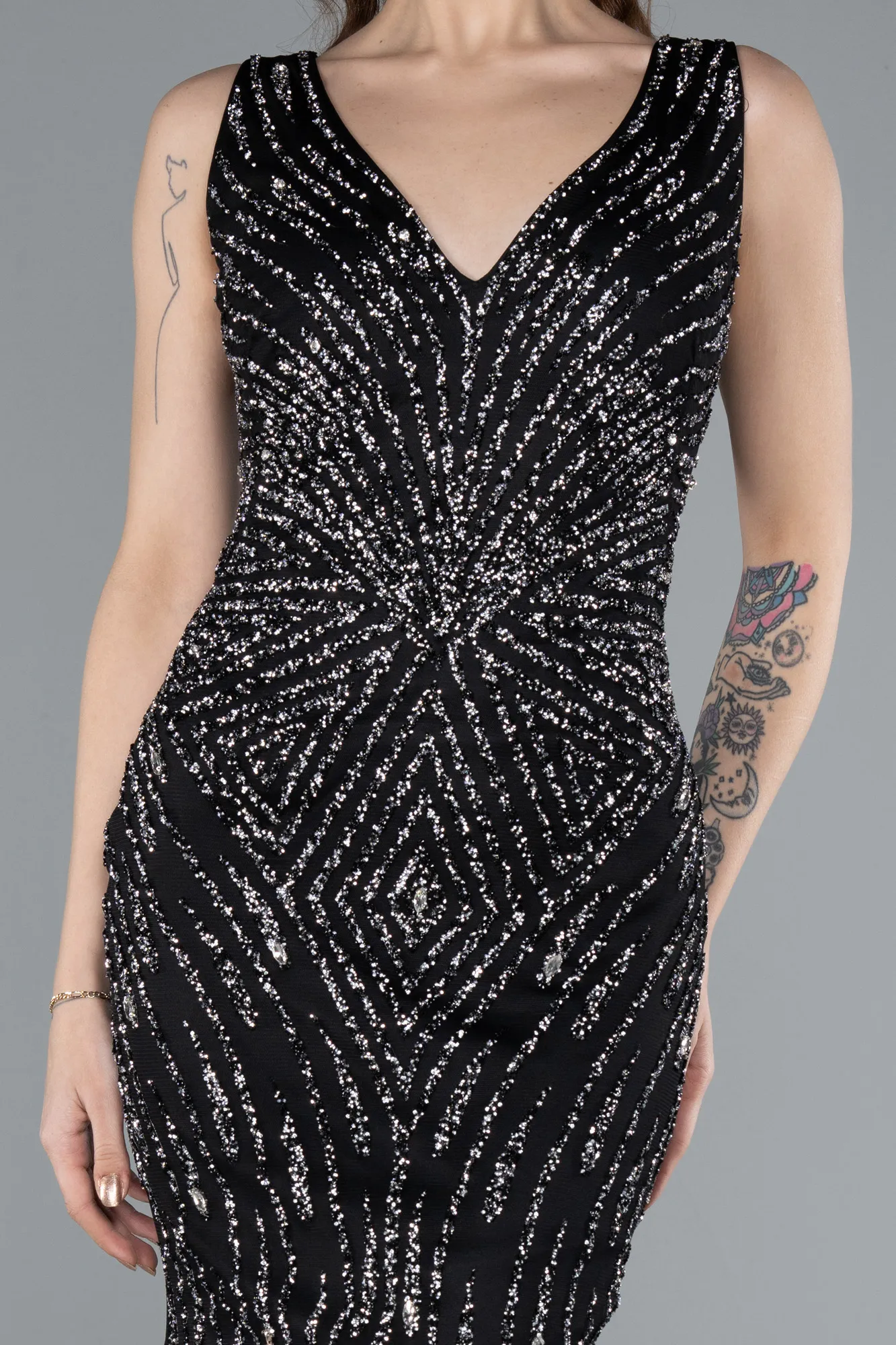 Black-Sleeveless V Neck Long Stone Mermaid Evening Gown ABU4698