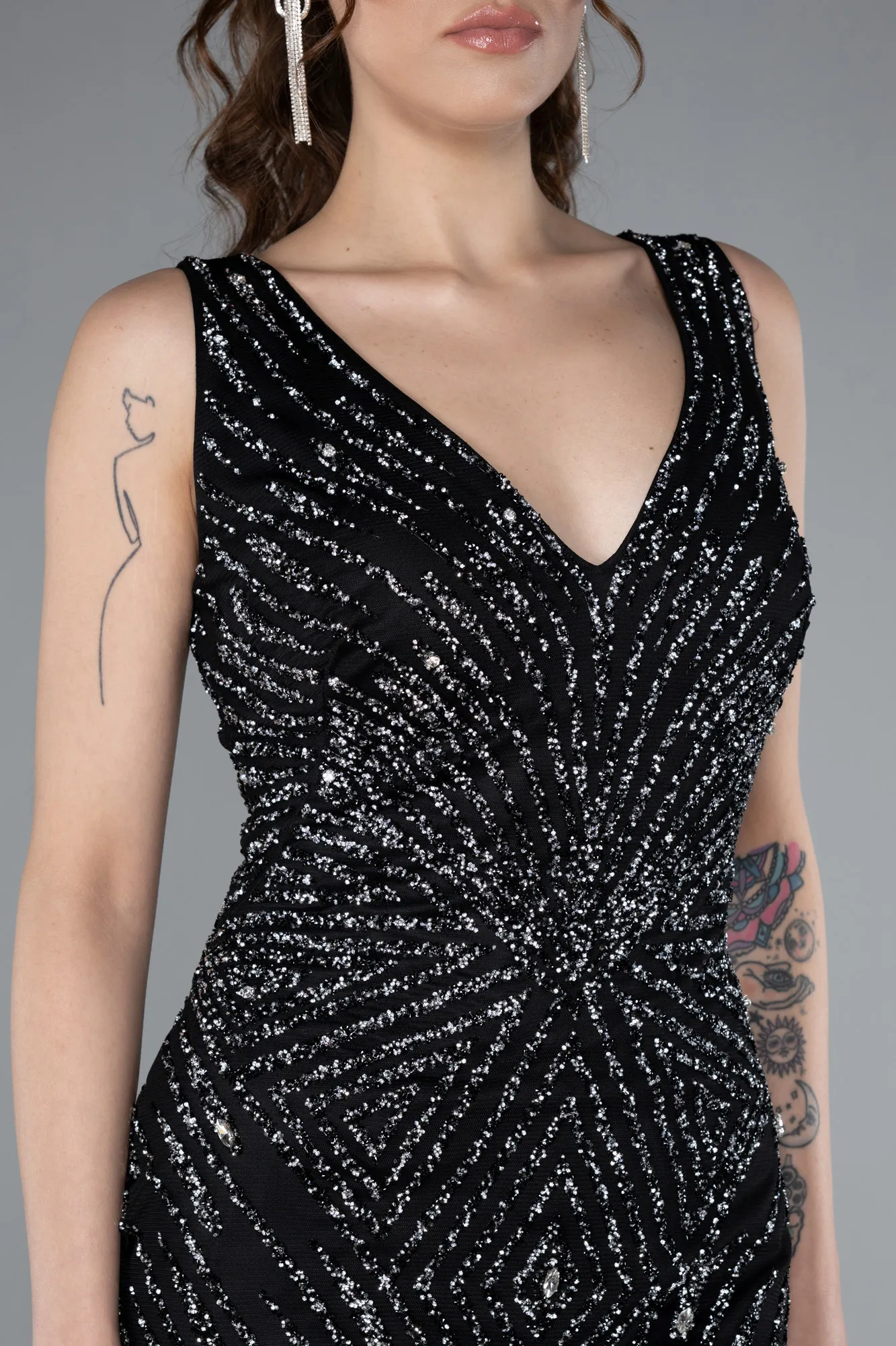 Black-Sleeveless V Neck Long Stone Mermaid Evening Gown ABU4698